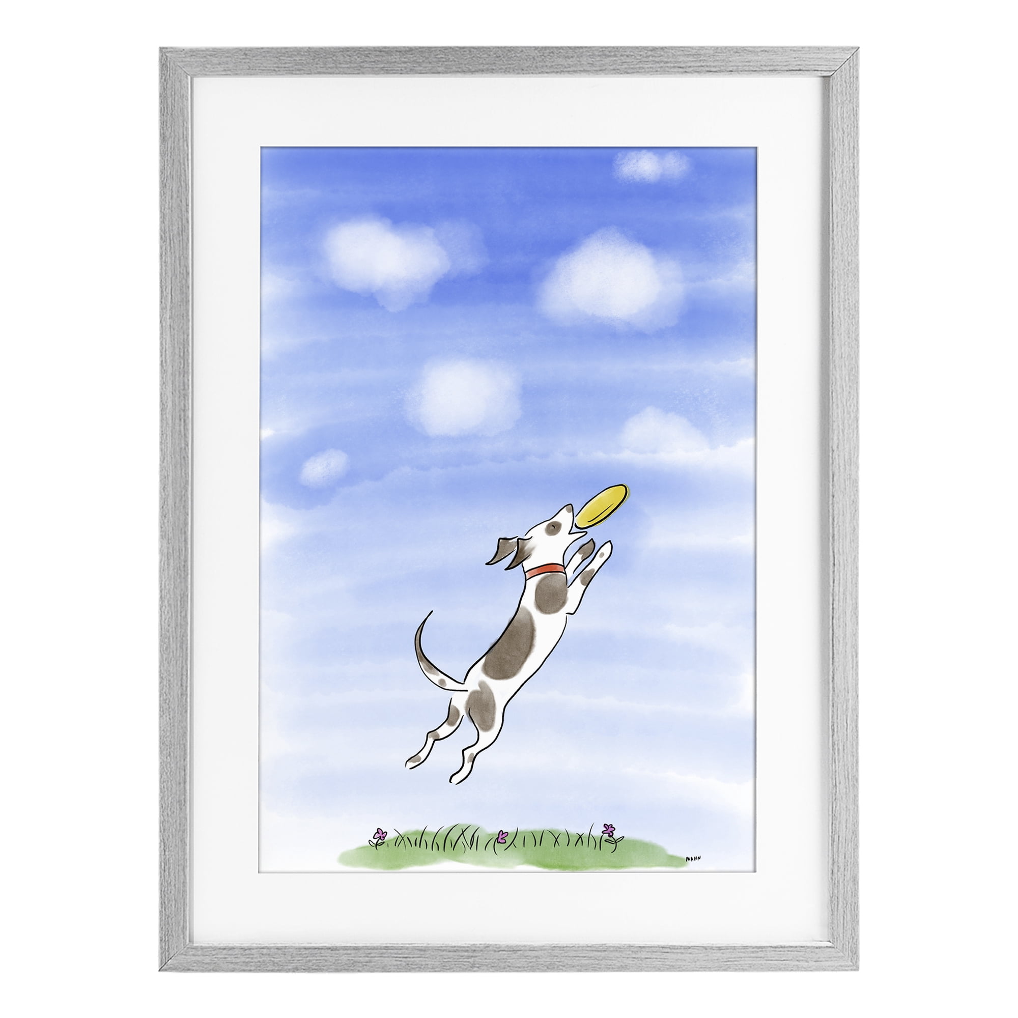Stupell Industries Dog Catching Frisbee Gray Framed Print Under Glass, design by Patti Mann
