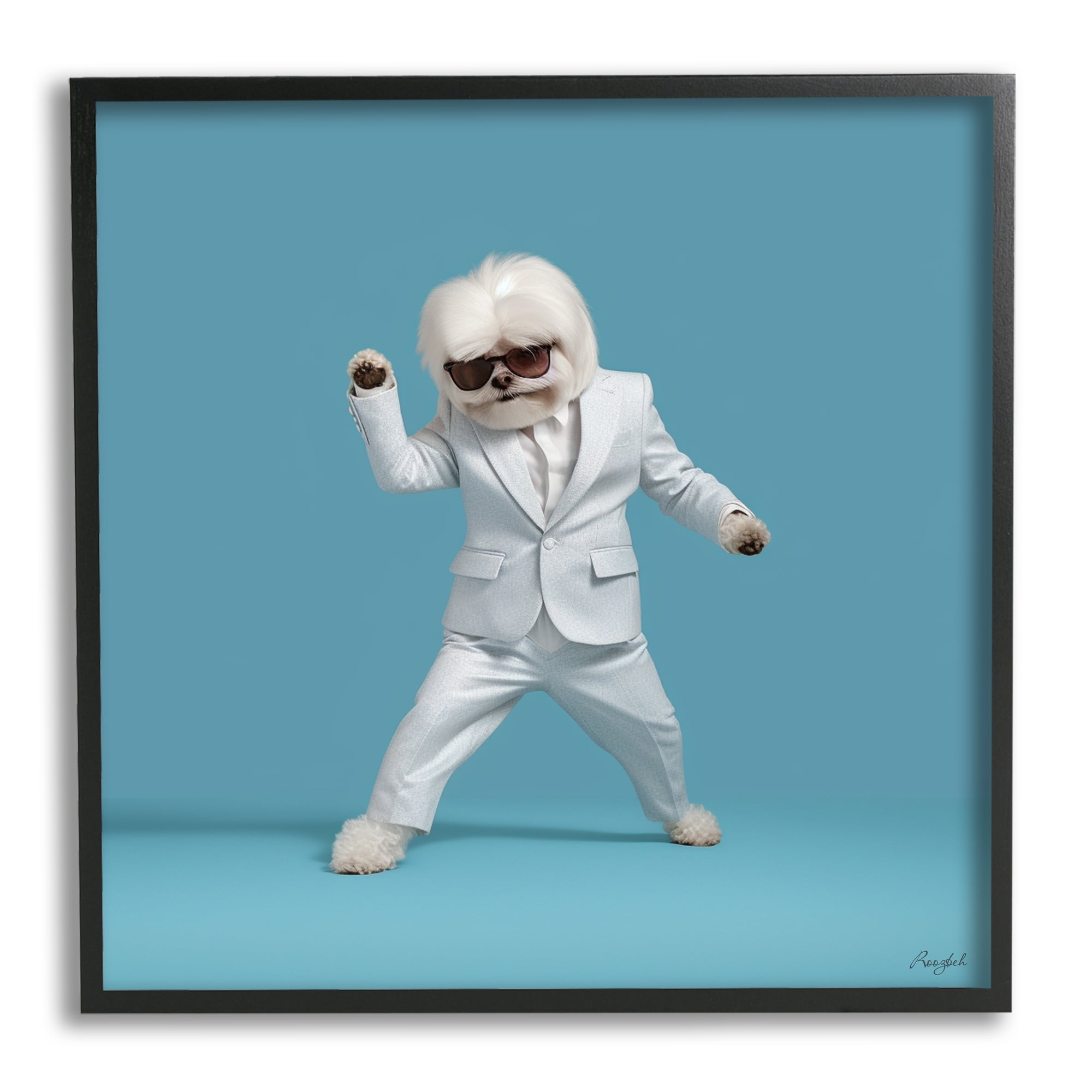 Stupell Industries Dog Dancing on Blue Animals & Insects Painting Black Framed Art Print Wall Art, 17 x 17
