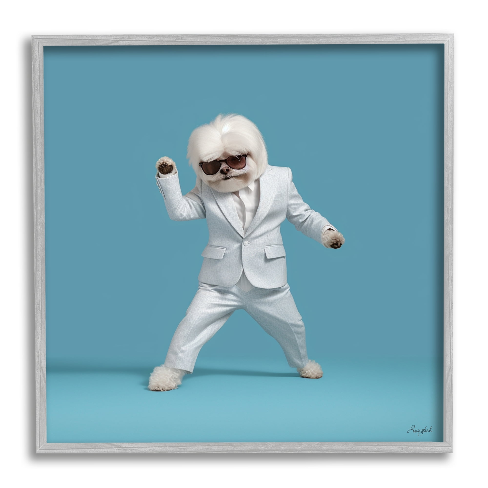Stupell Industries Dog Dancing on Blue Animals & Insects Painting Gray Framed Art Print Wall Art, 17 x 17