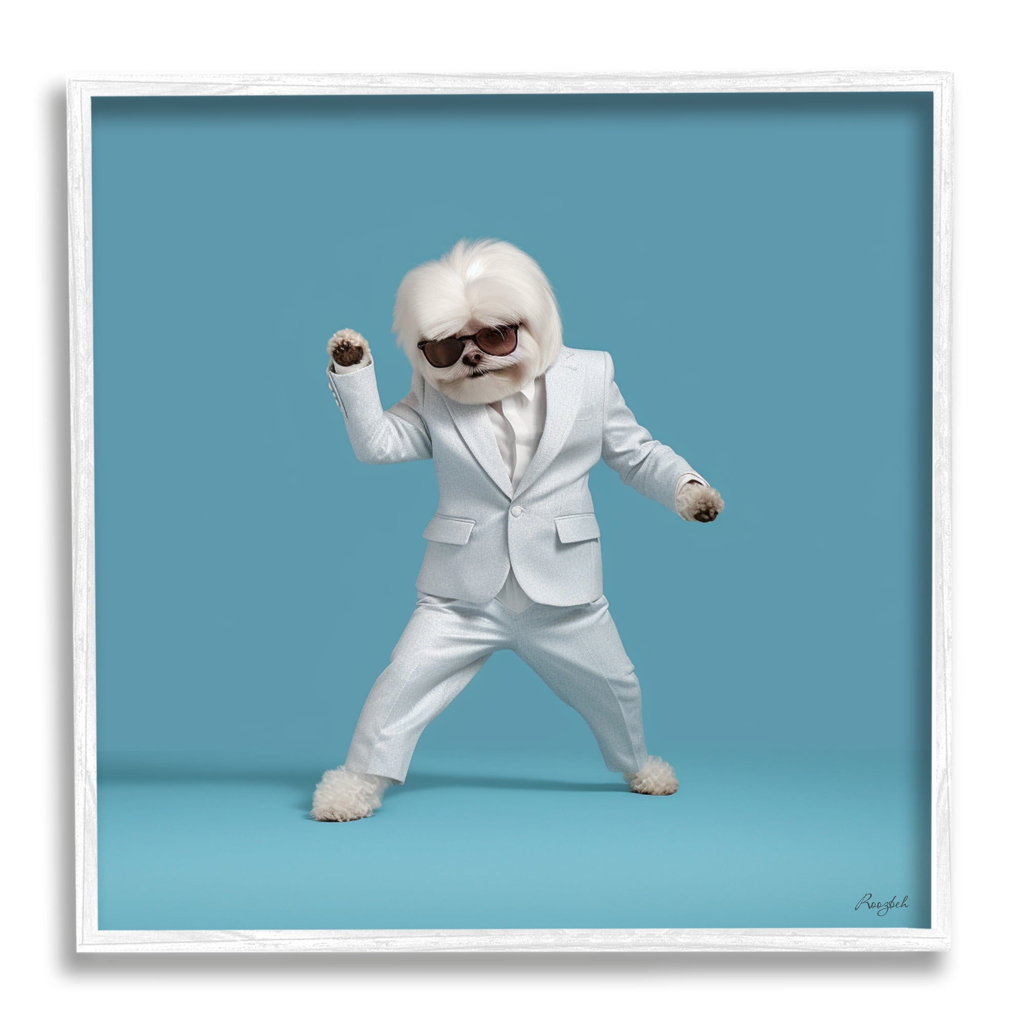 Stupell Industries Dog Dancing on Blue Animals & Insects Painting White Framed Art Print Wall Art, 17 x 17