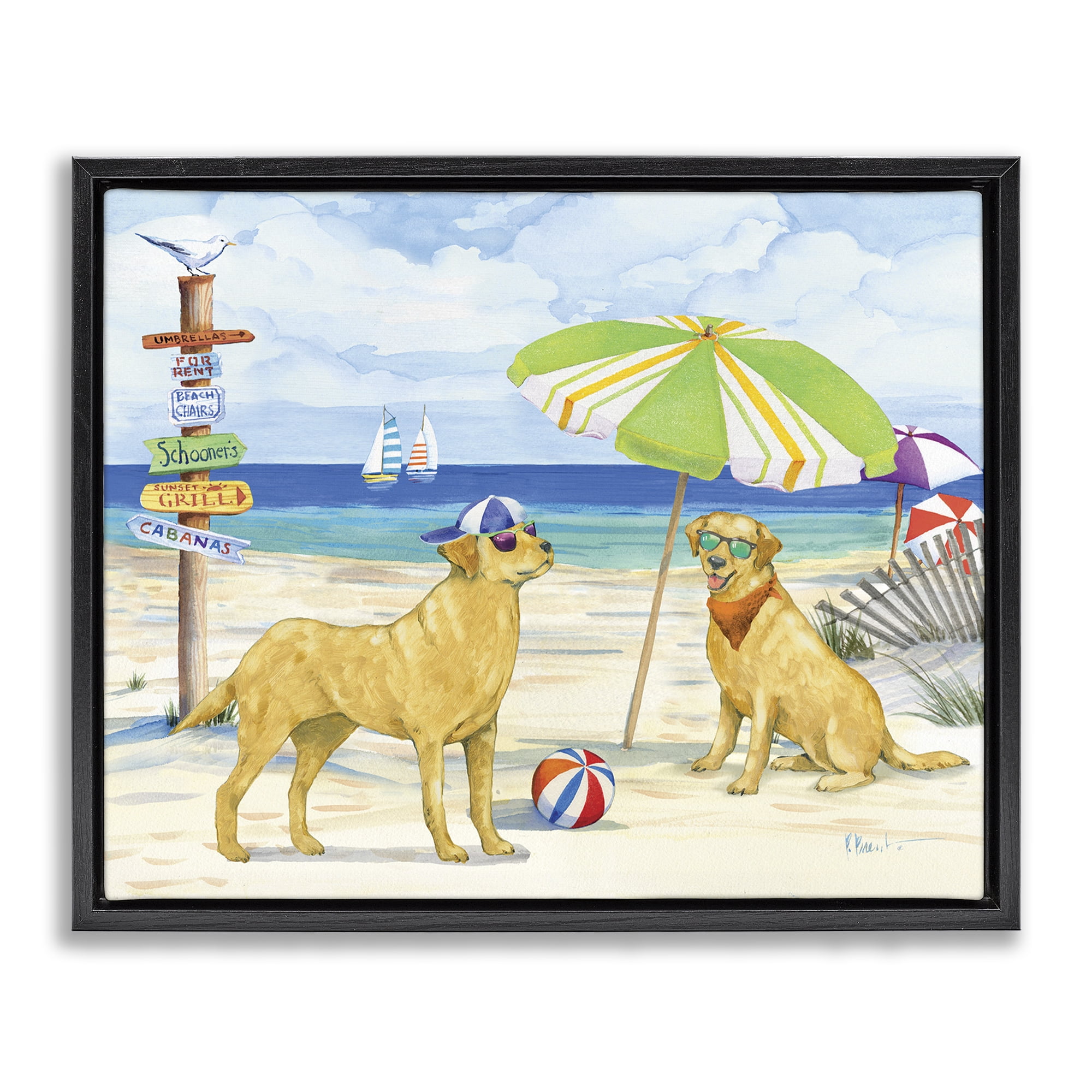 Stupell Industries Dog Day At Beach Animals & Insects Painting Black Floater Framed Canvas Art Print Wall Art, 31 x 25