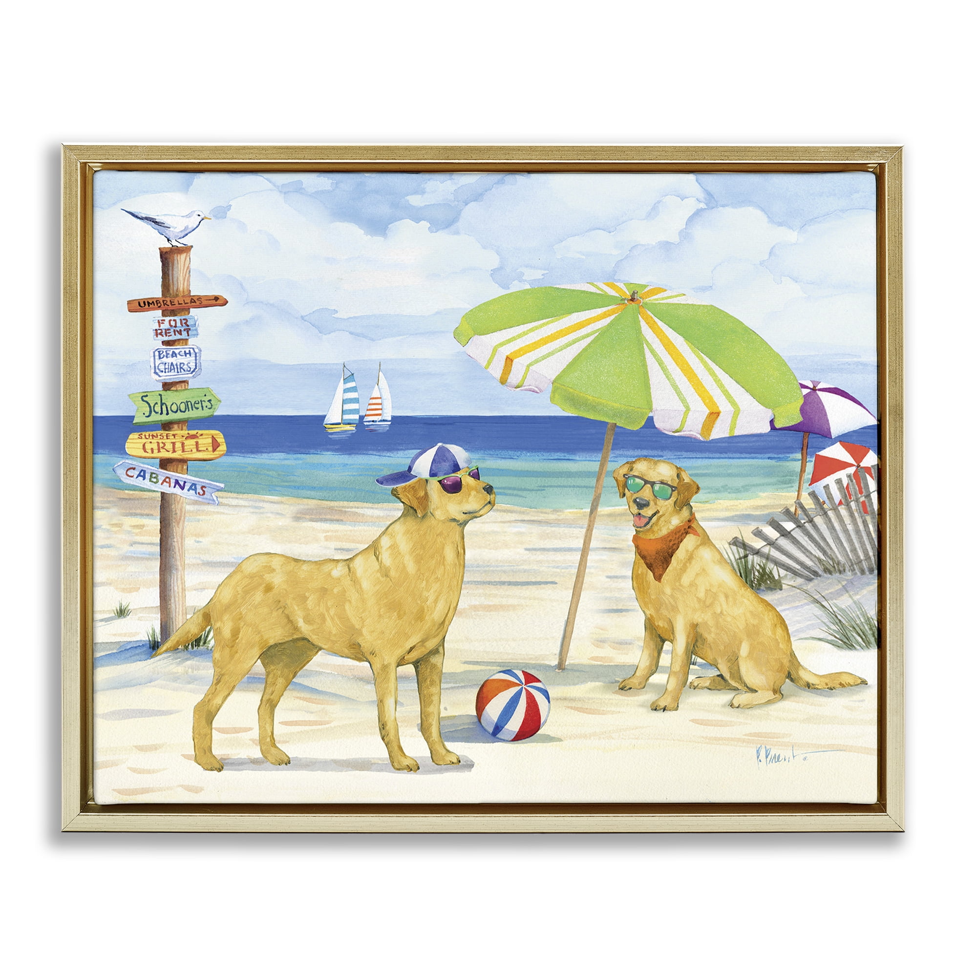 Stupell Industries Dog Day At Beach Animals & Insects Painting Gold Floater Framed Canvas Art Print Wall Art, 31 x 25