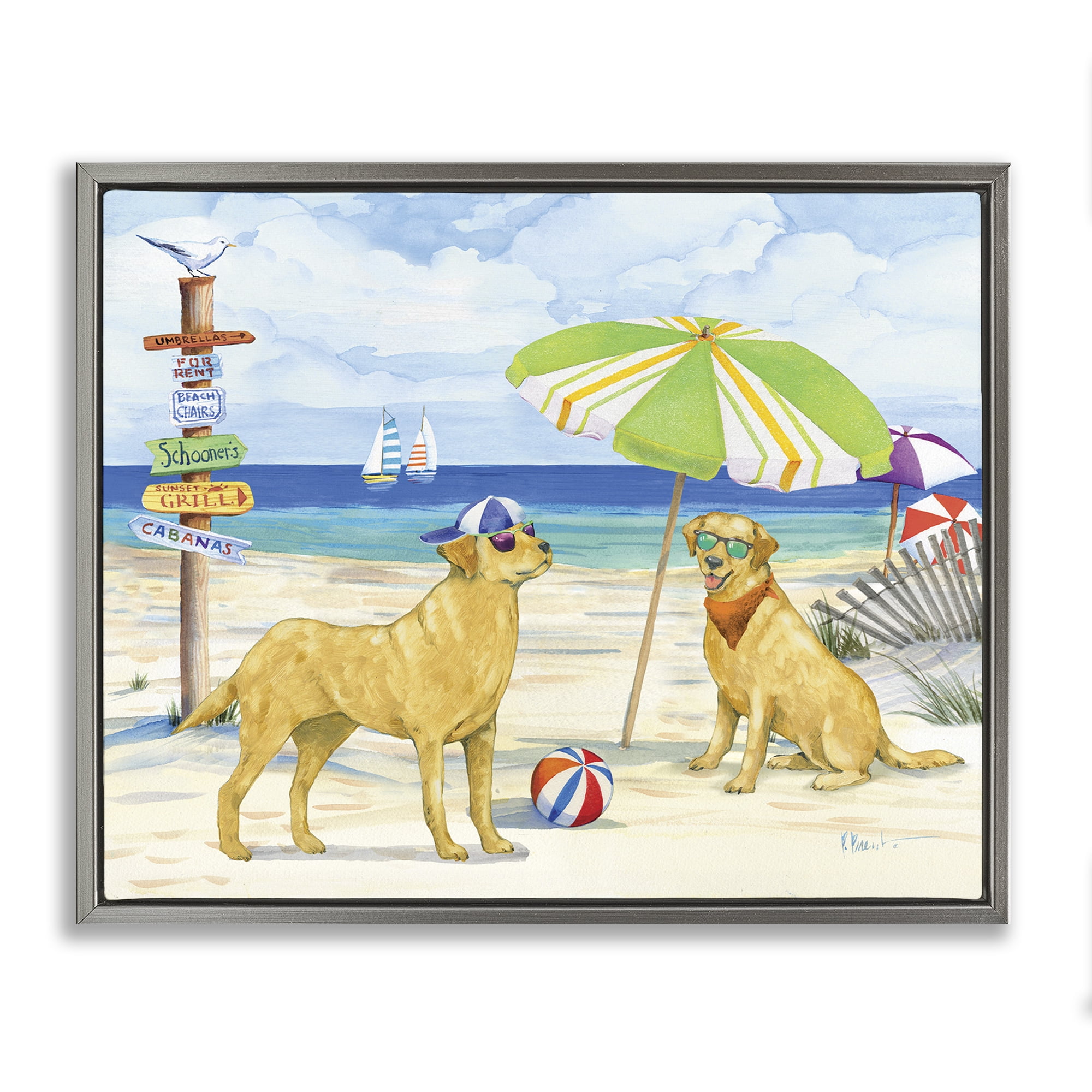 Stupell Industries Dog Day At Beach Animals & Insects Painting Gray Floater Framed Canvas Art Print Wall Art, 21 x 17