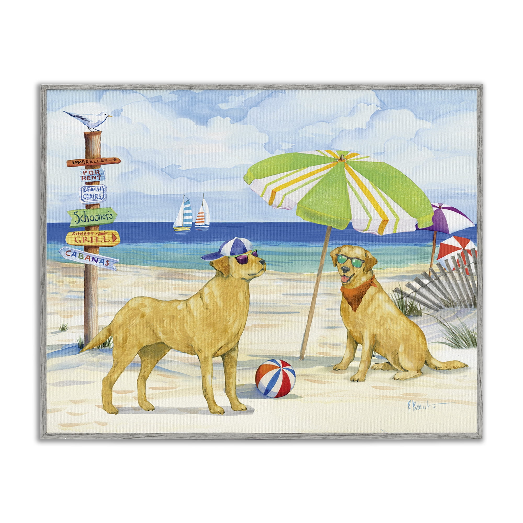 Stupell Industries Dog Day At Beach Animals & Insects Painting Gray Framed Art Print Wall Art, 14 x 11