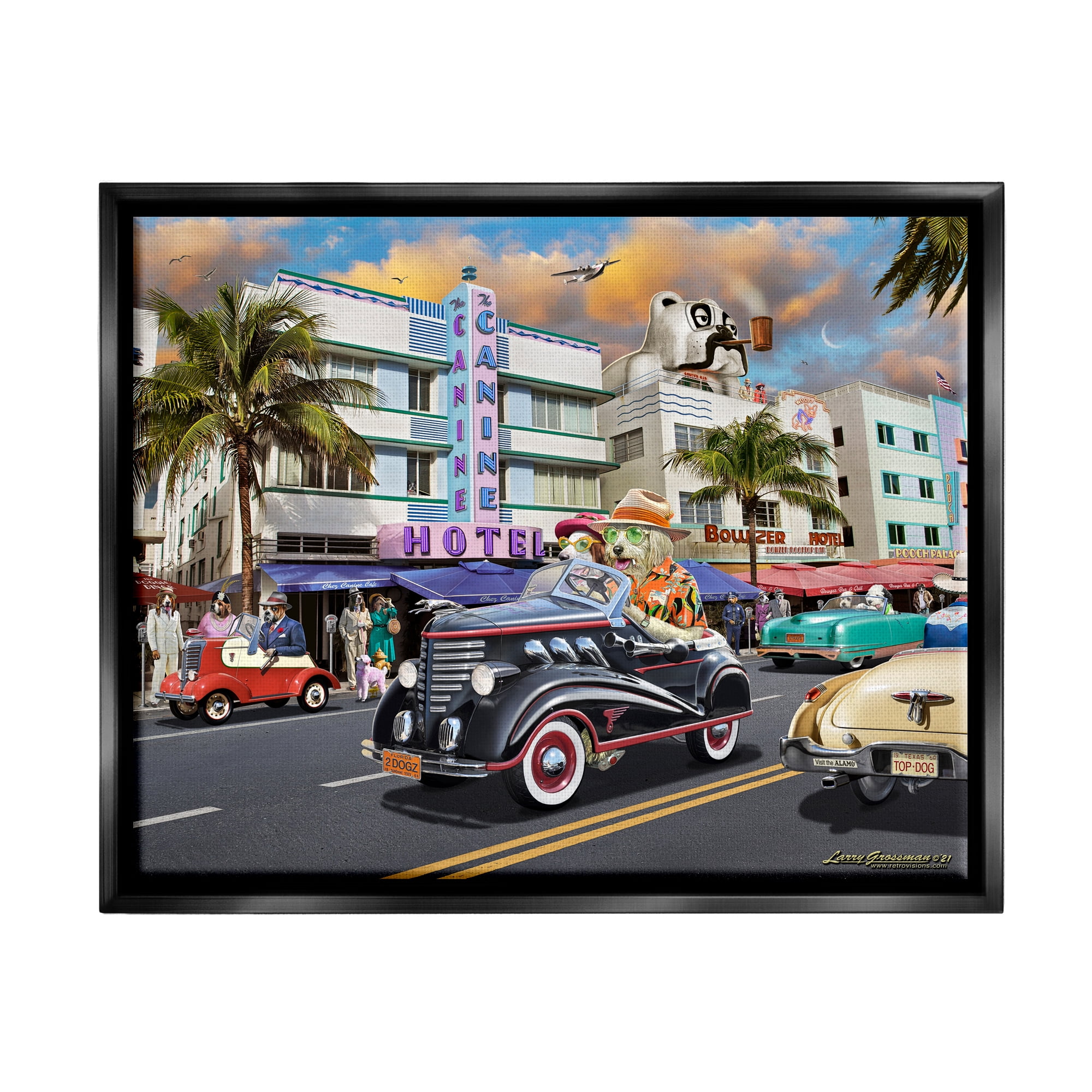 Stupell Industries Dog Days Miami Transportation Painting Black Floater Framed Canvas Art Print Wall Art, 31 x 25