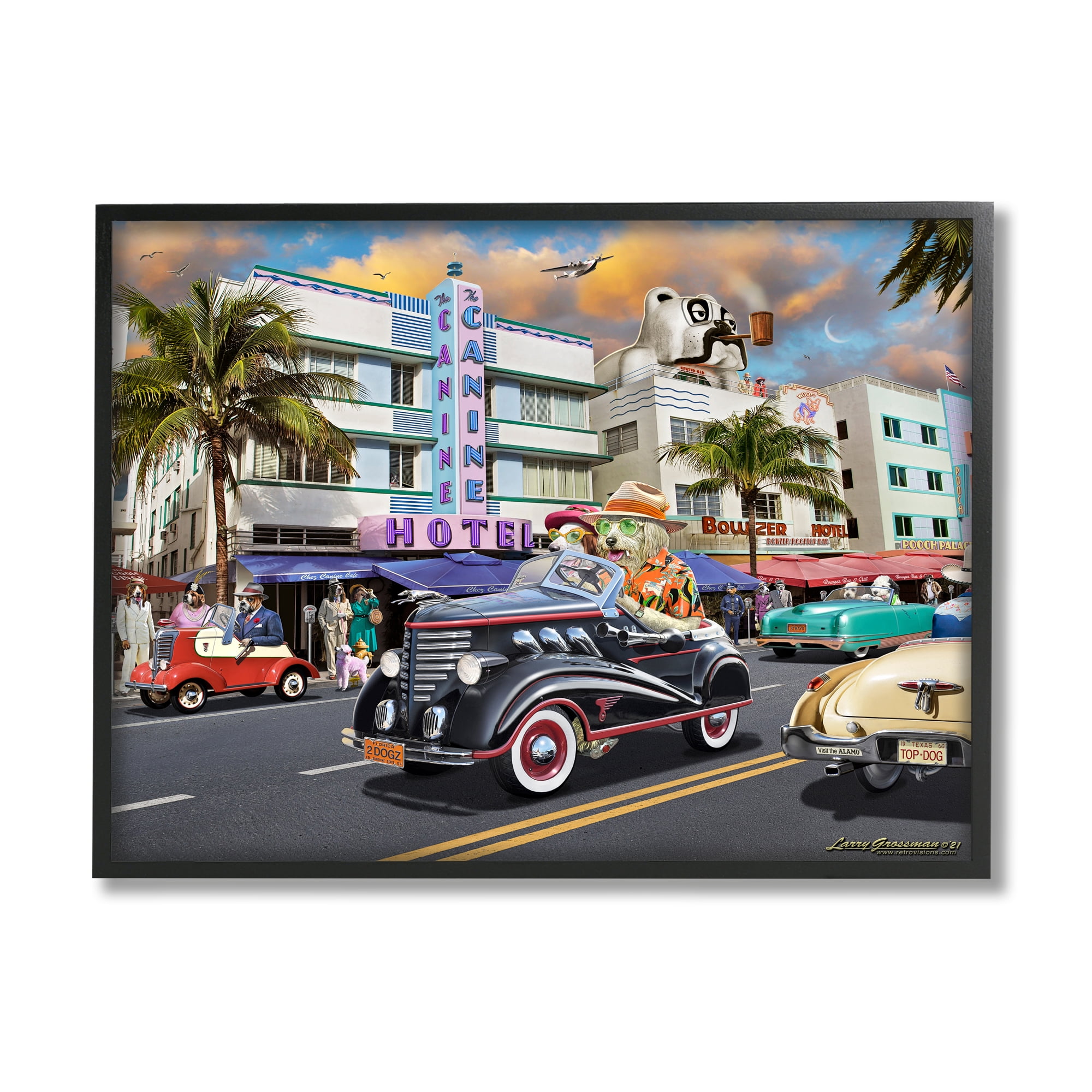 Stupell Industries Dog Days Miami Transportation Painting Black Framed Art Print Wall Art, 20 x 16