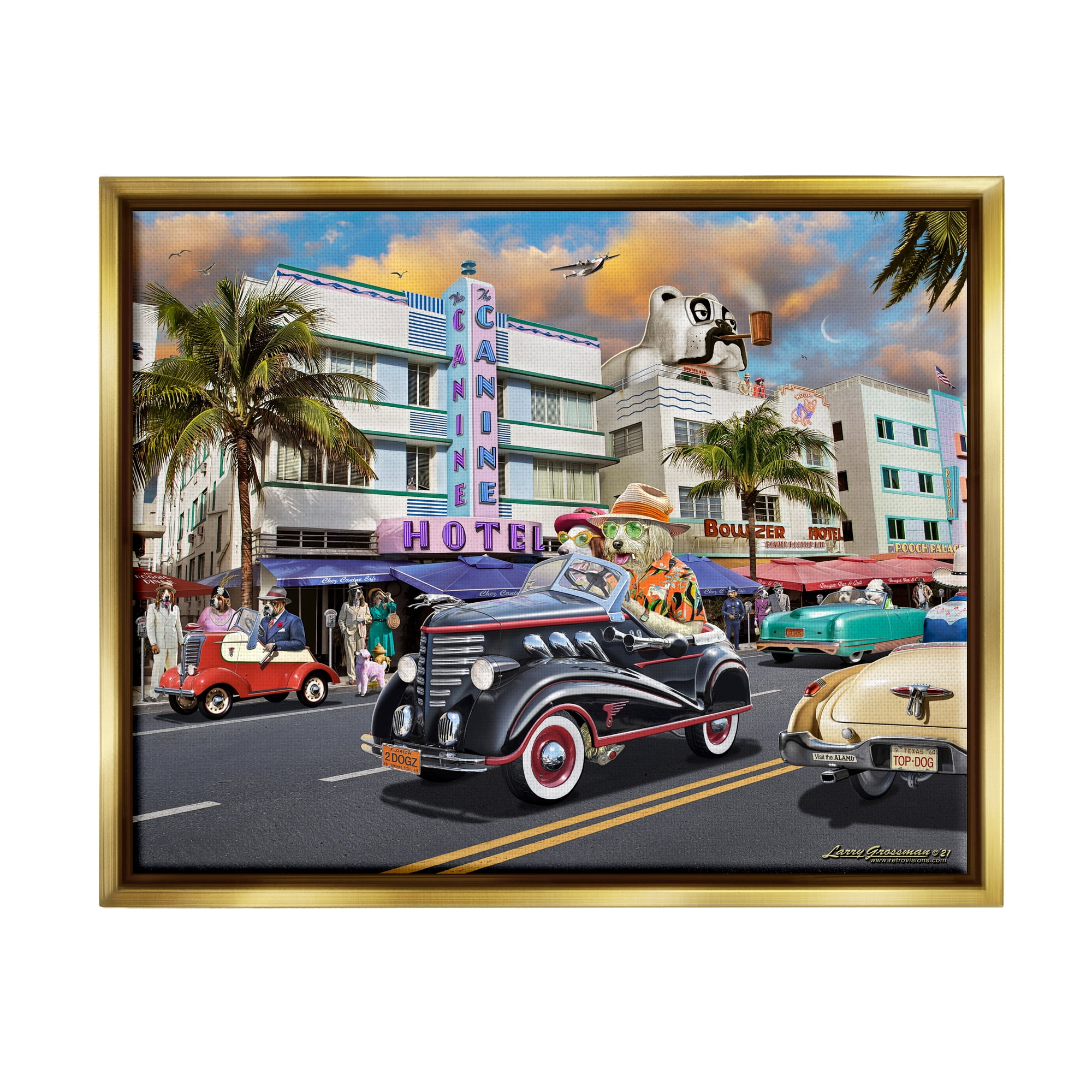 Stupell Industries Dog Days Miami Transportation Painting Gold Floater Framed Canvas Art Print Wall Art, 21 x 17