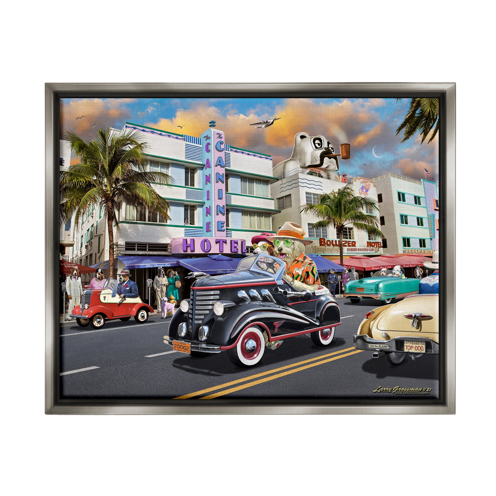 Stupell Industries Dog Days Miami Transportation Painting Gray Floater Framed Canvas Art Print Wall Art, 31 x 25