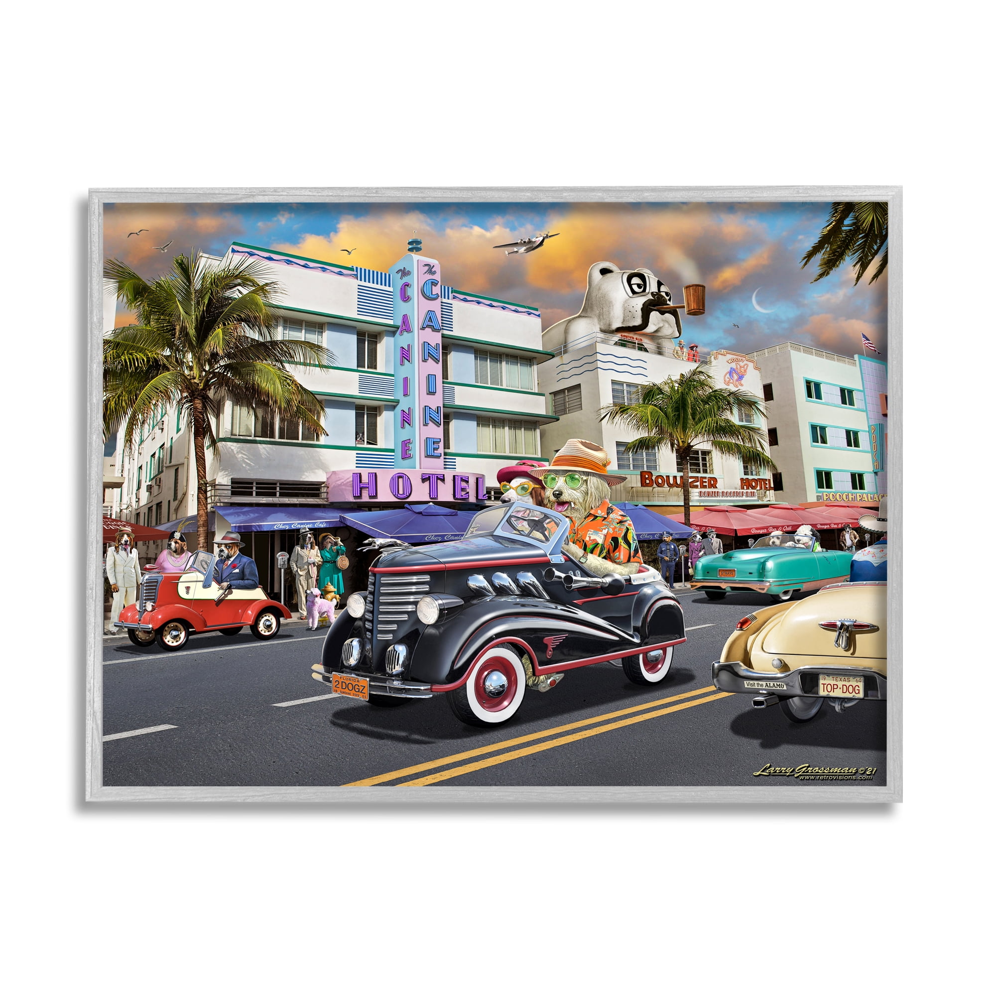 Stupell Industries Dog Days Miami Transportation Painting Gray Framed Art Print Wall Art, 20 x 16
