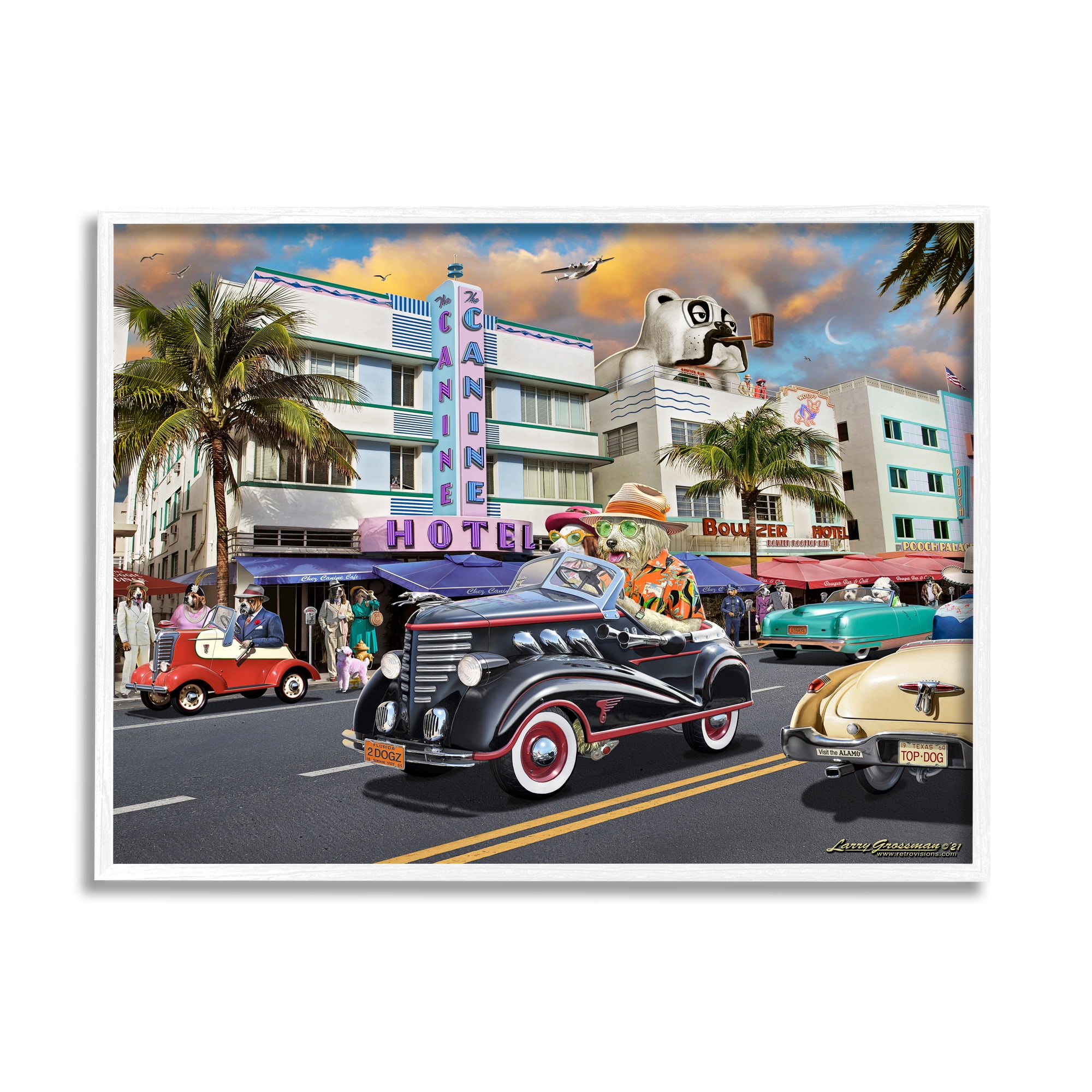 Stupell Industries Dog Days Miami Transportation Painting White Framed Art Print Wall Art, 20 x 16