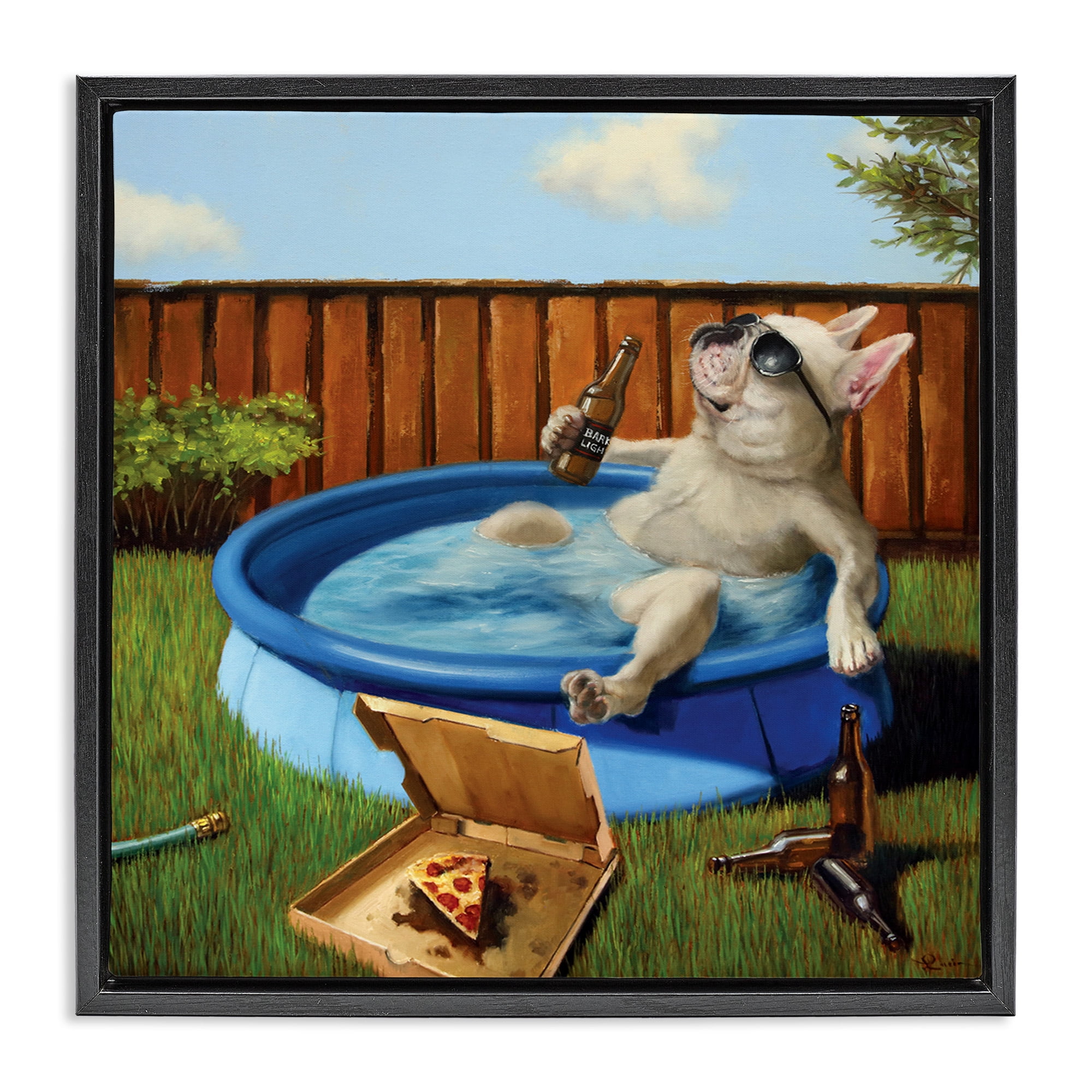 Stupell Industries Dog Drinking in Summer Pool Animals & Insects Painting Black Floater Framed Canvas Art Print Wall Art, 18 x 18