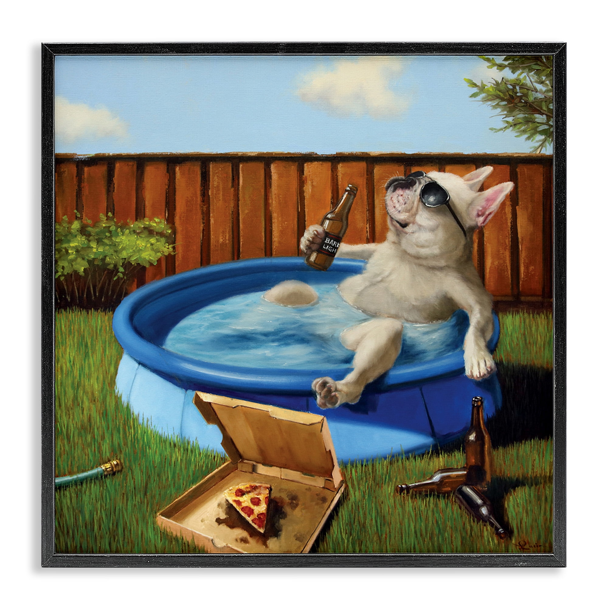 Stupell Industries Dog Drinking in Summer Pool Animals & Insects Painting Black Framed Art Print Wall Art, 24 x 24