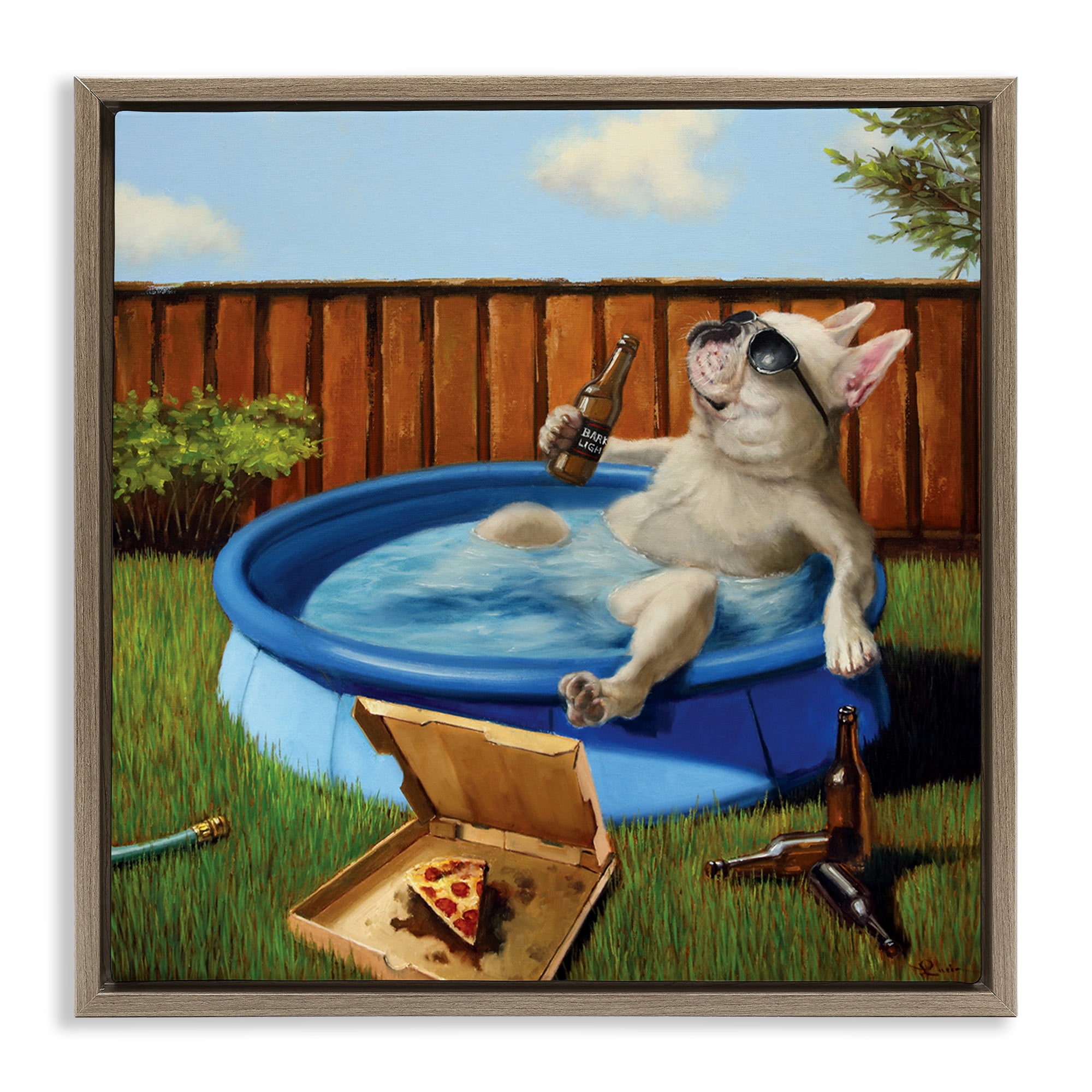 Stupell Industries Dog Drinking in Summer Pool Animals & Insects Painting Brown Floater Framed Canvas Art Print Wall Art, 18 x 18