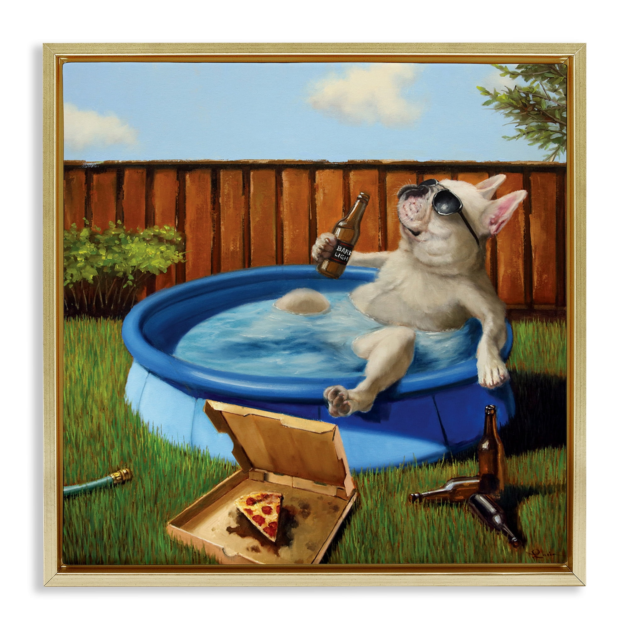 Stupell Industries Dog Drinking in Summer Pool Animals & Insects Painting Gold Floater Framed Canvas Art Print Wall Art, 18 x 18