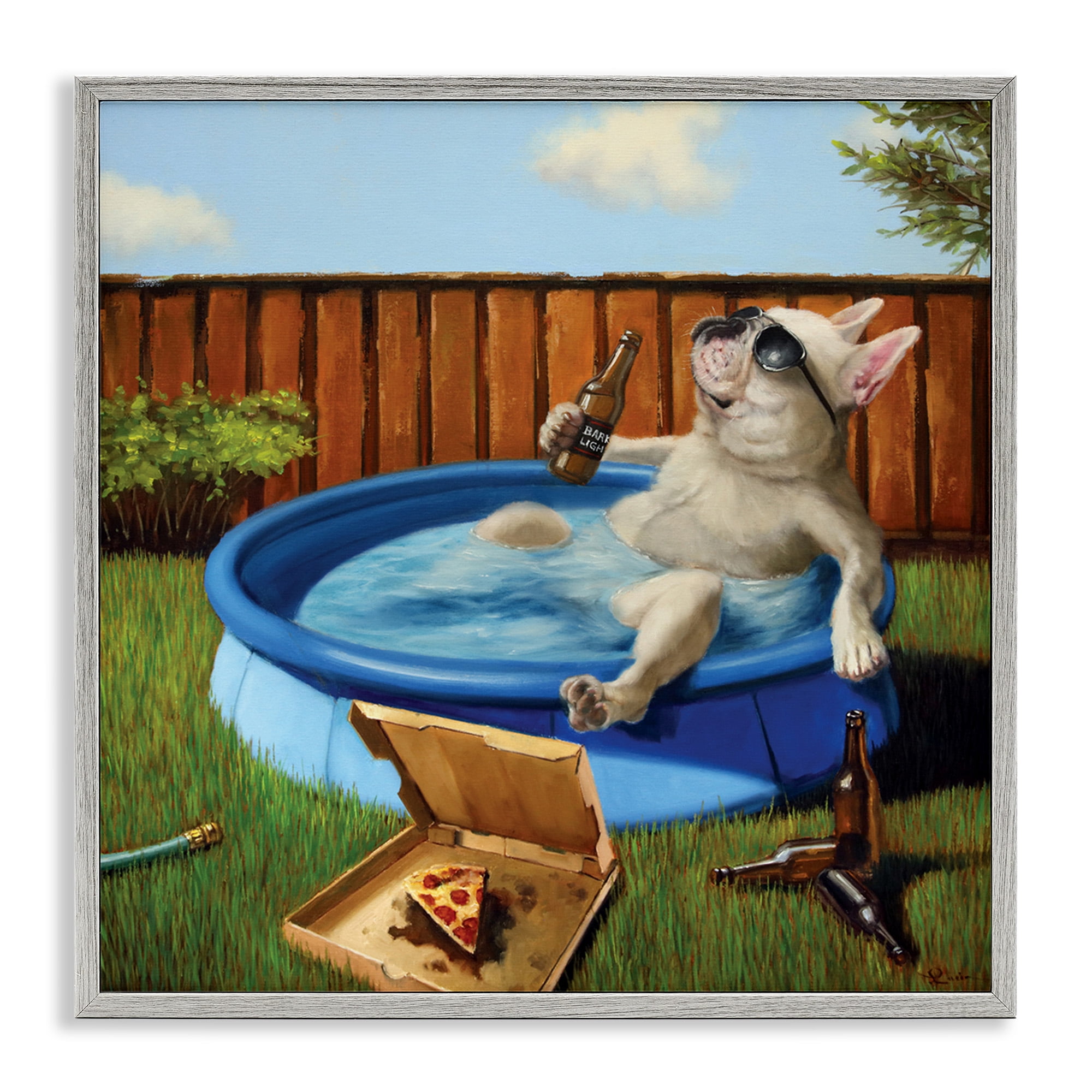 Stupell Industries Dog Drinking in Summer Pool Animals & Insects Painting Gray Framed Art Print Wall Art, 12 x 12