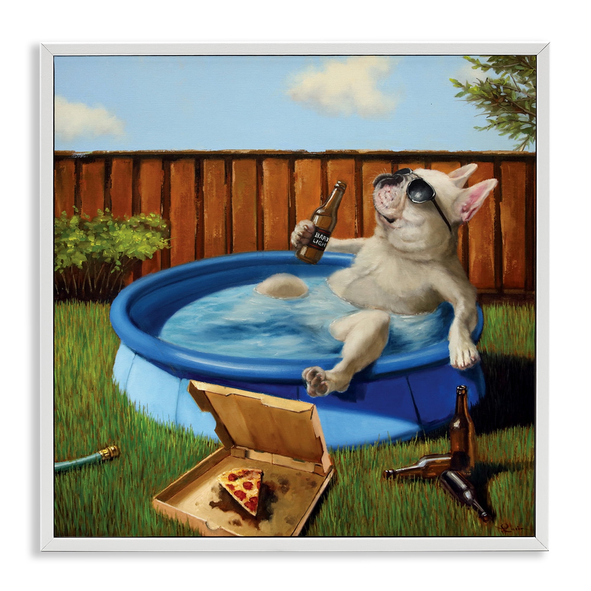 Stupell Industries Dog Drinking in Summer Pool Animals & Insects Painting White Framed Art Print Wall Art, 12 x 12