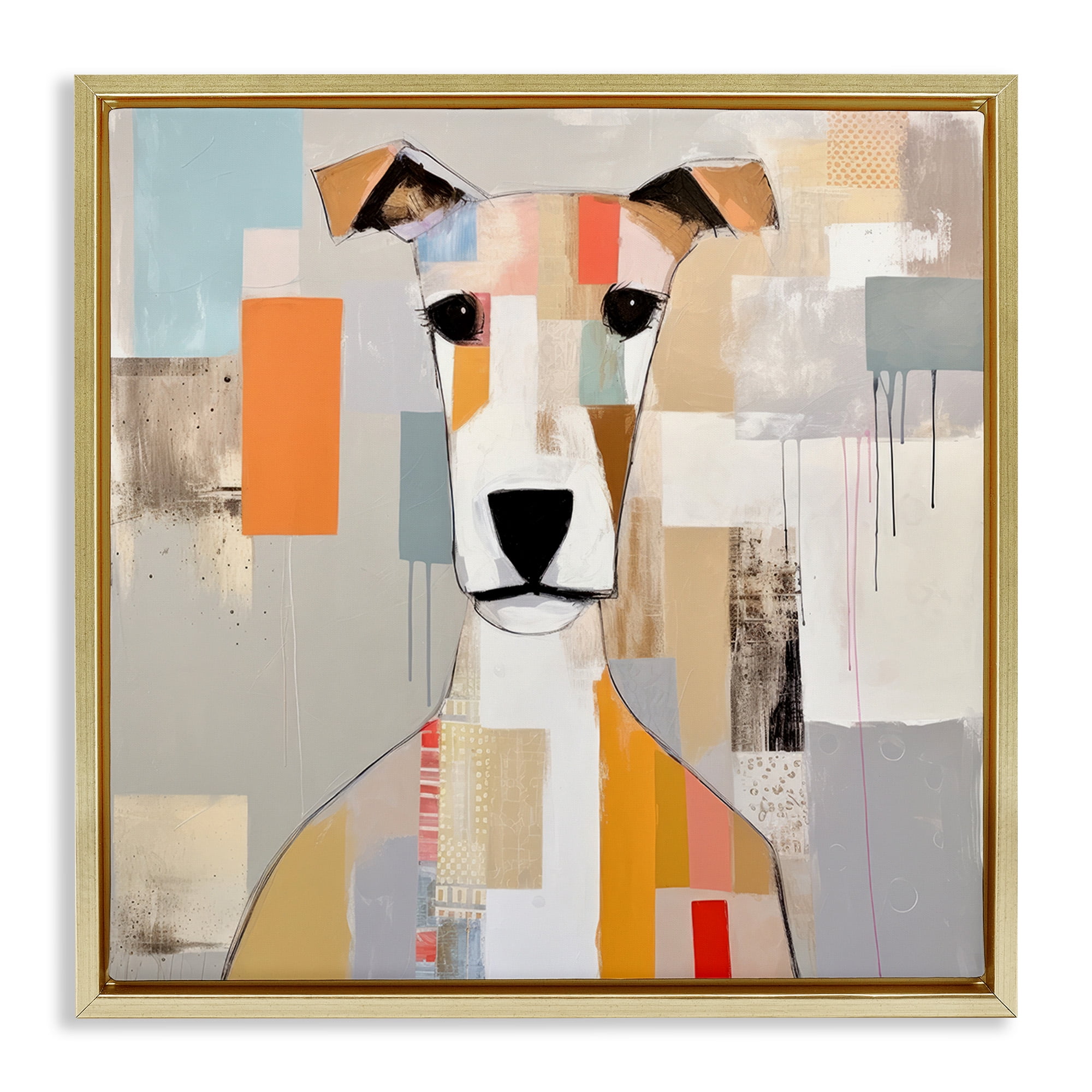 Stupell Industries Dog Face Abstract Collage Animals & Insects Painting Gold Floater Framed Canvas Art Print Wall Art, 18 x 18