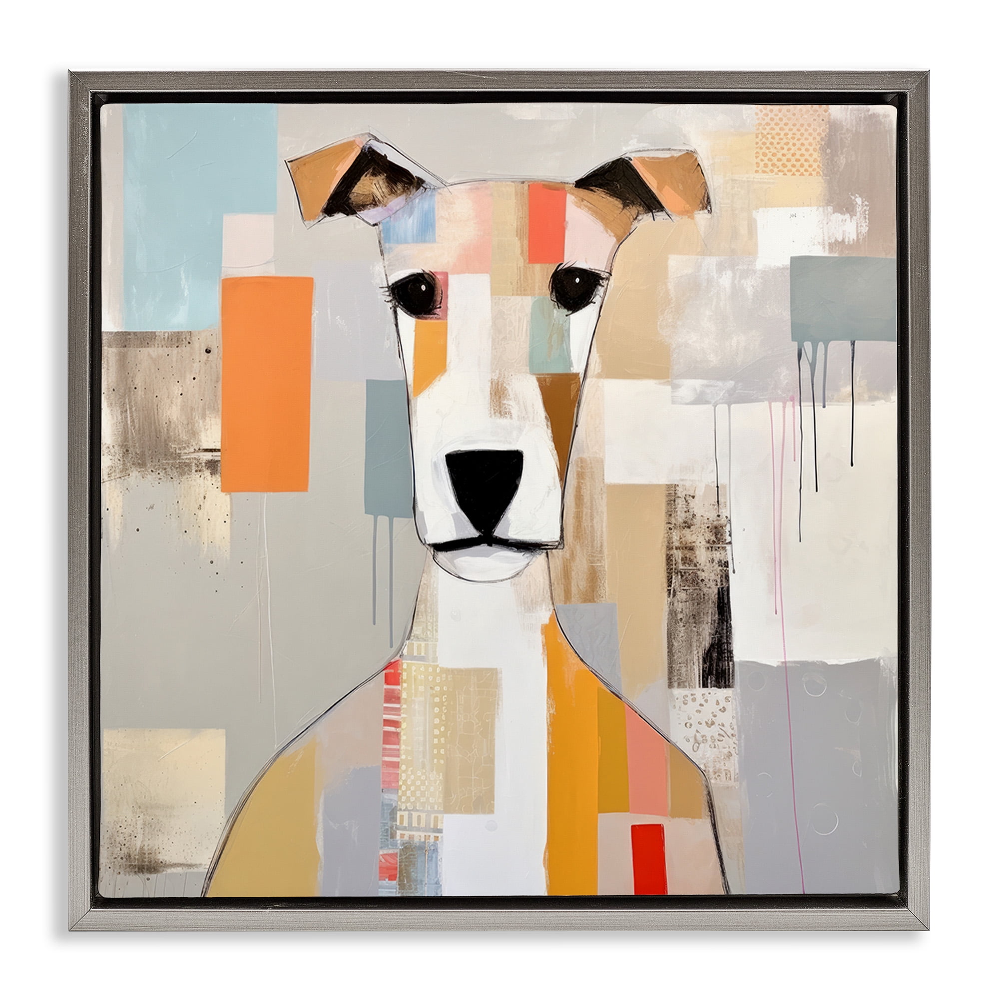 Stupell Industries Dog Face Abstract Collage Animals & Insects Painting Gray Floater Framed Canvas Art Print Wall Art, 18 x 18