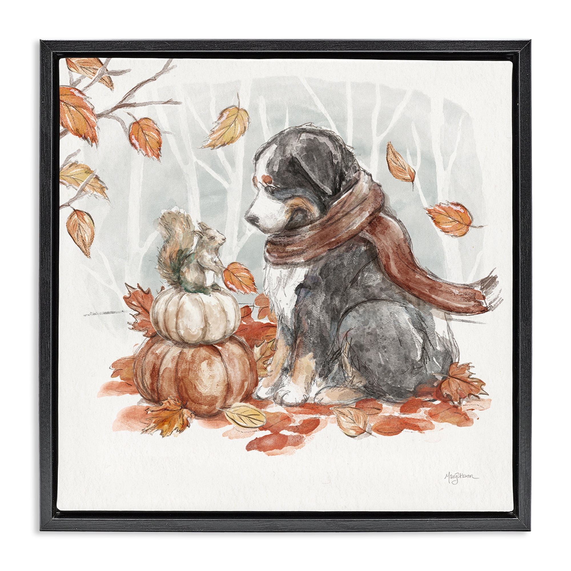 Stupell Industries Dog & Fall Pumpkins Holiday Painting Black Floater Framed Canvas Art Prints Wall Art, 18 x 18