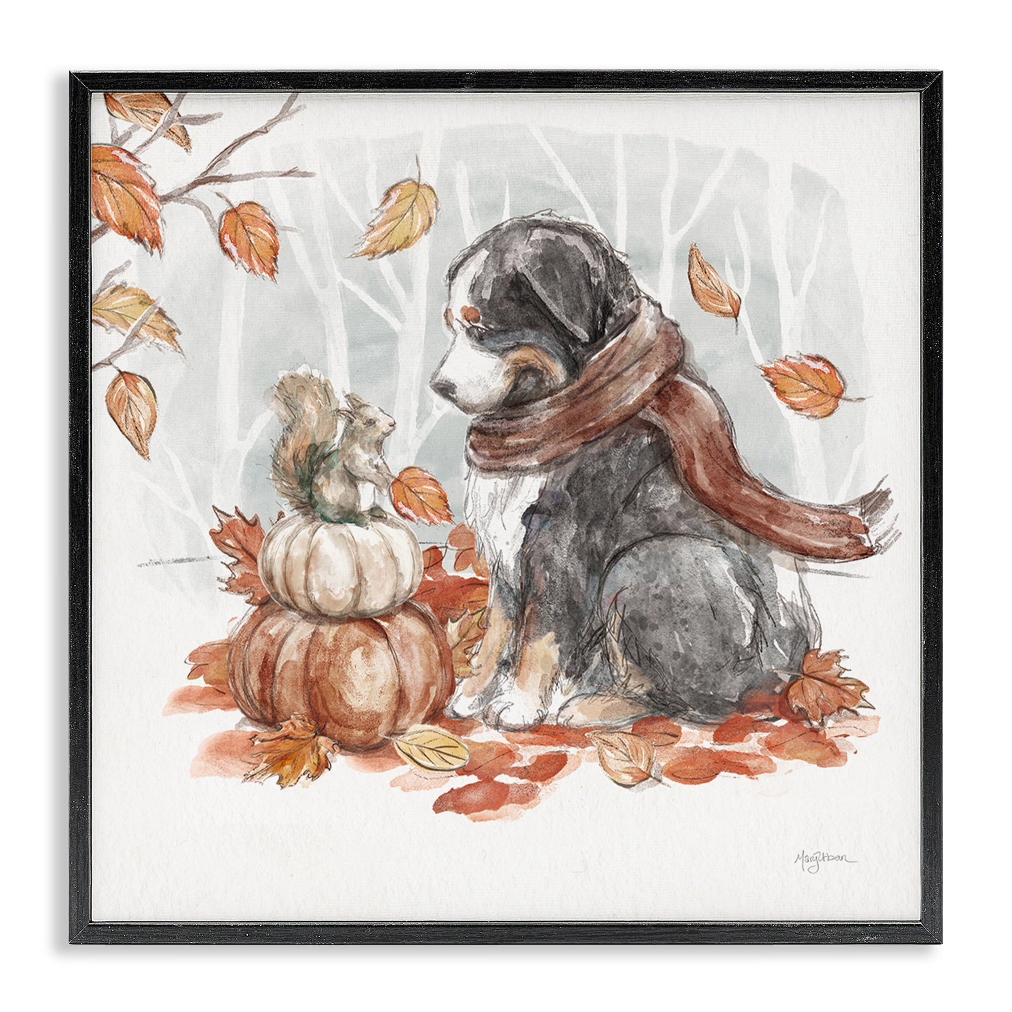 Stupell Industries Dog & Fall Pumpkins Holiday Painting Black Framed Art Prints Wall Art, 17 x 17