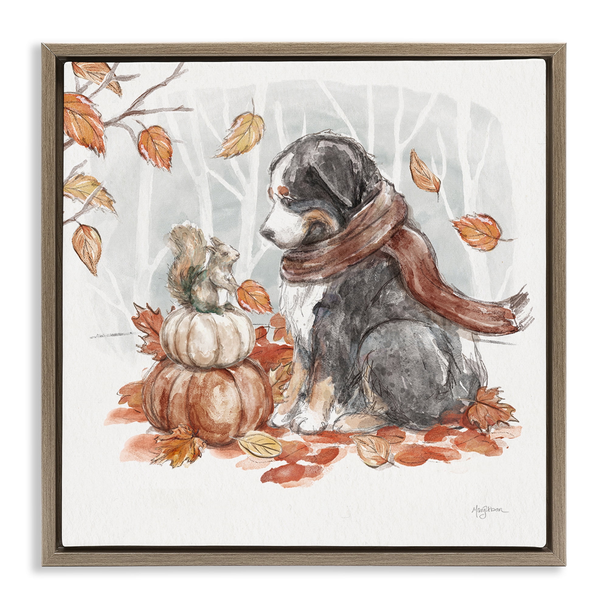 Stupell Industries Dog & Fall Pumpkins Holiday Painting Brown Floater Framed Canvas Art Prints Wall Art, 25 x 25