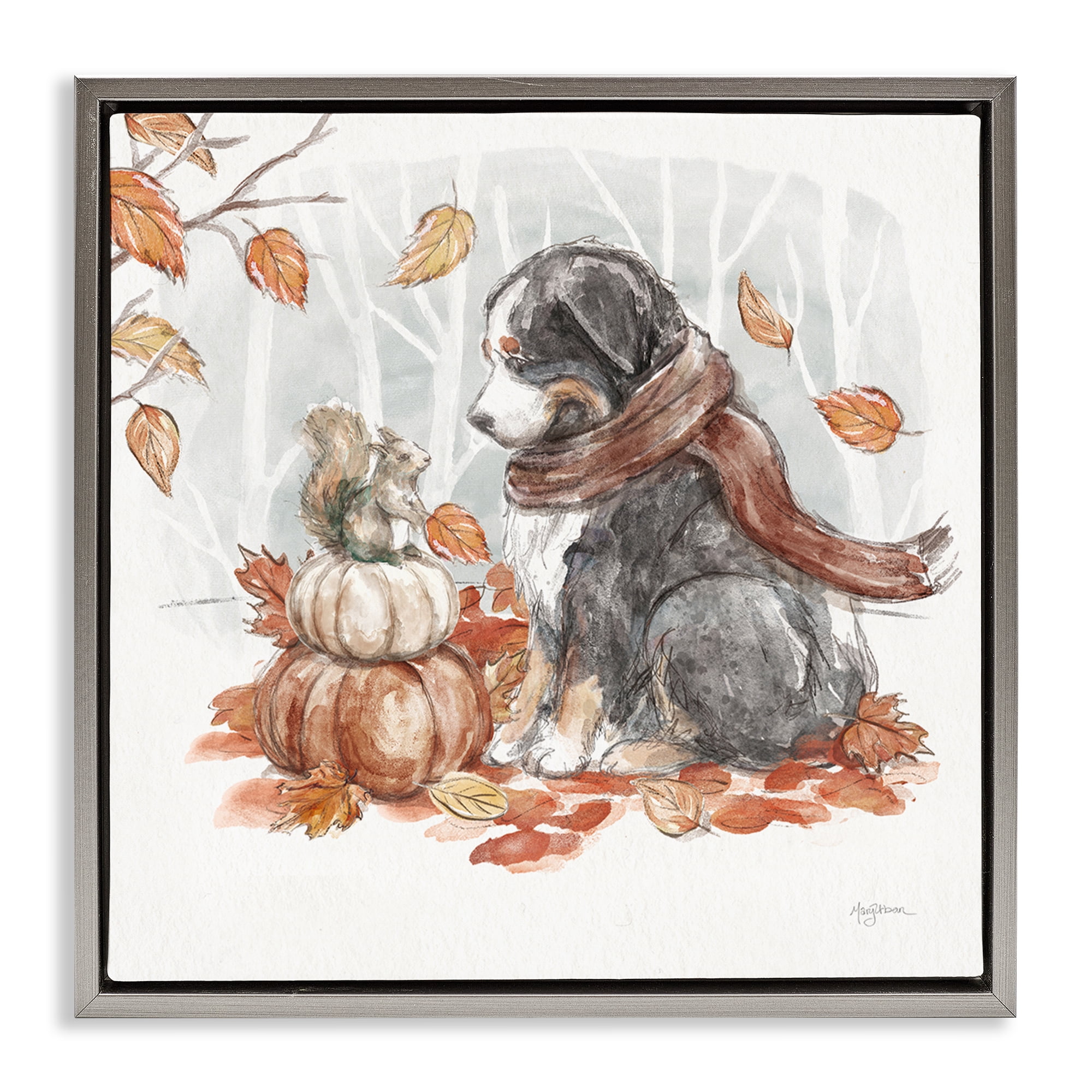 Stupell Industries Dog & Fall Pumpkins Holiday Painting Gray Floater Framed Canvas Art Prints Wall Art, 25 x 25