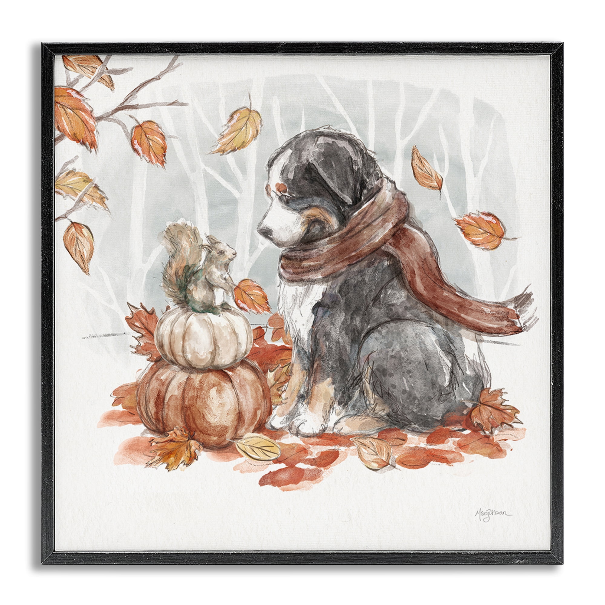 Stupell Industries Dog & Fall Pumpkins Holiday Painting Gray Framed Art Prints Wall Art, 24 x 24