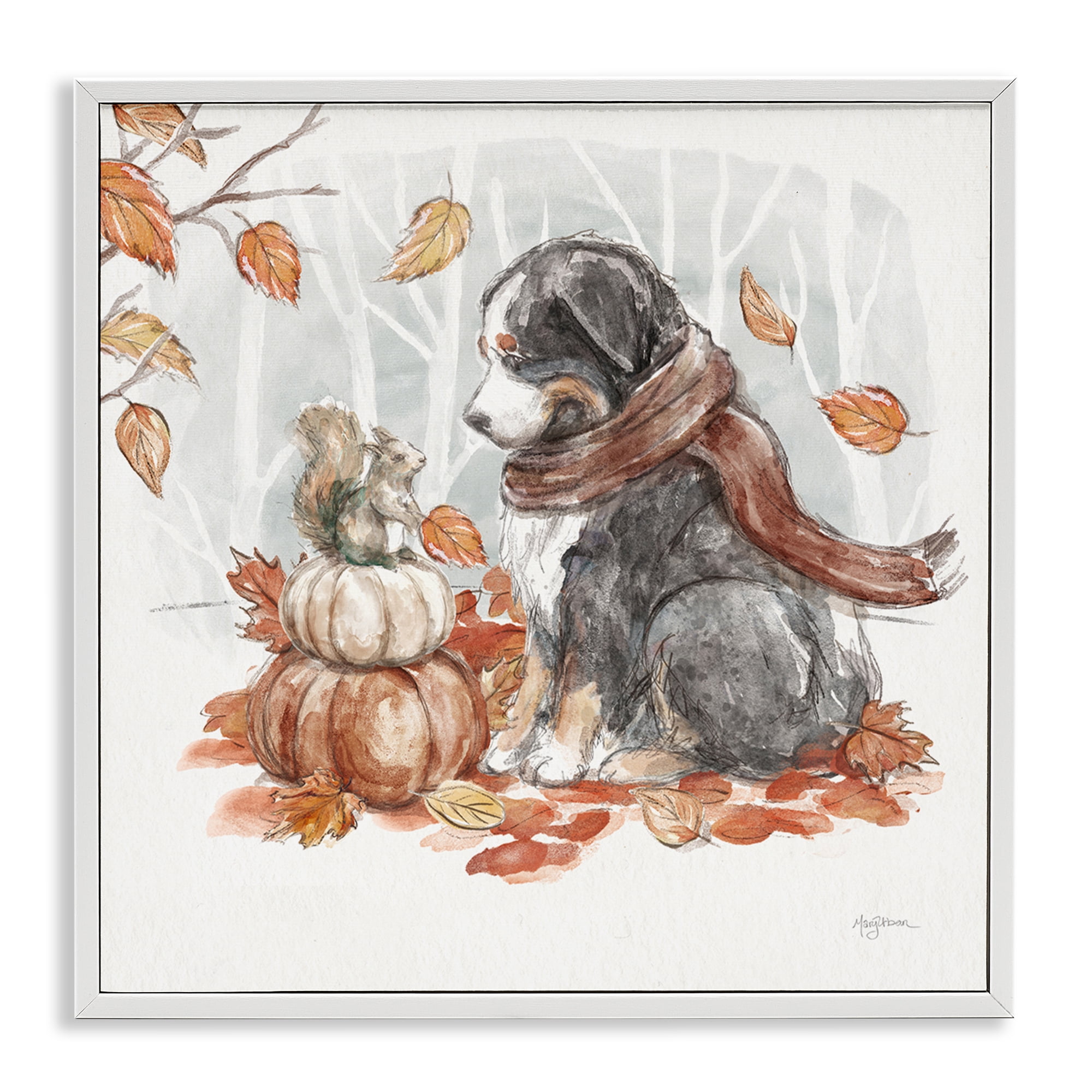 Stupell Industries Dog & Fall Pumpkins Holiday Painting White Framed Art Prints Wall Art, 12 x 12