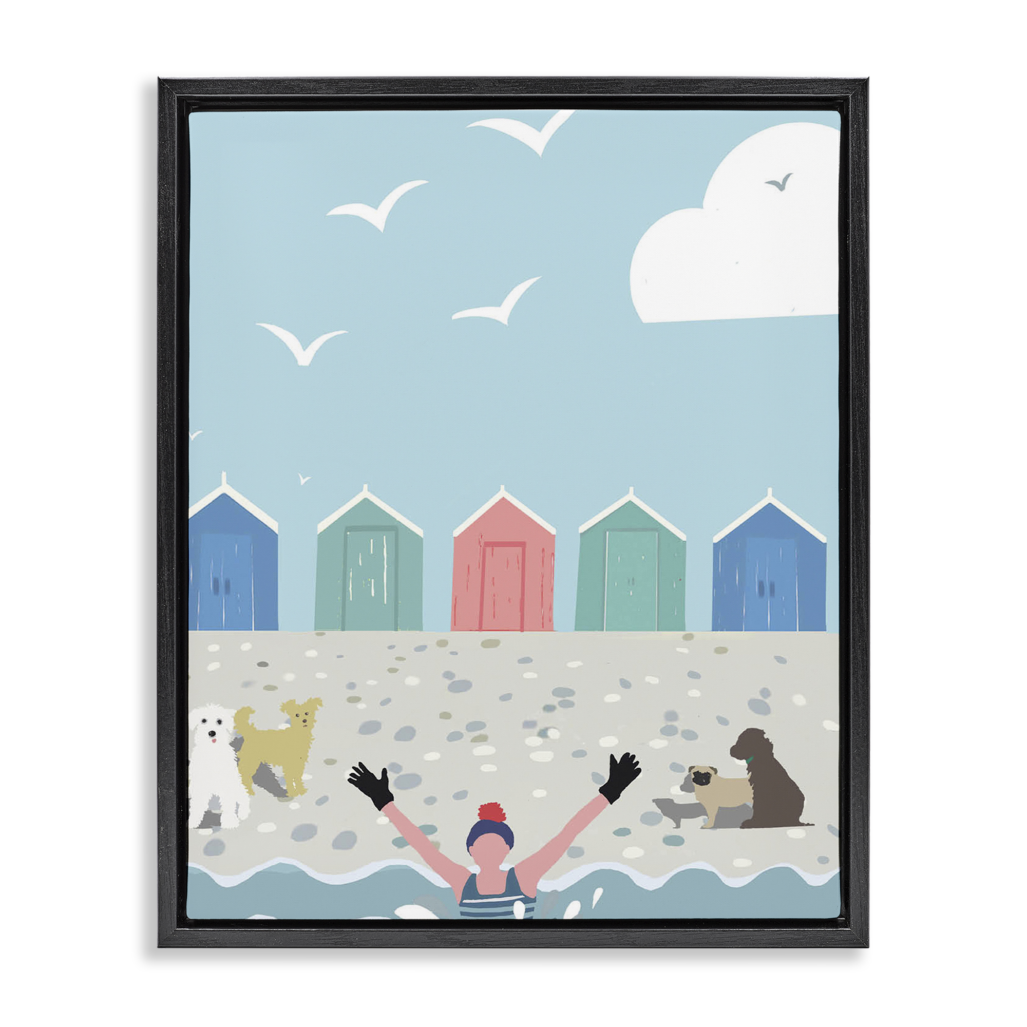 Stupell Industries Dog Friends on Beach Nautical & Beach Painting Black Floater Framed Canvas Art Print Wall Art, 17 x 21