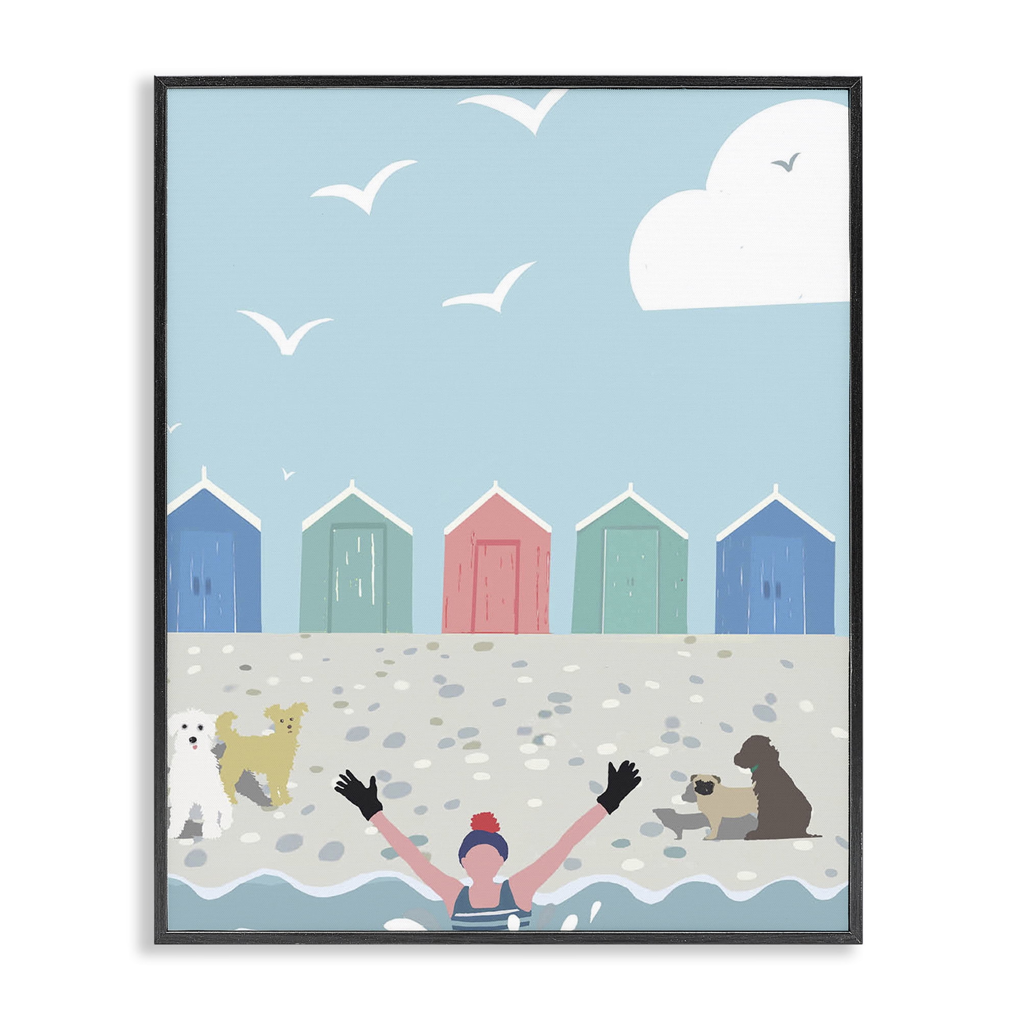 Stupell Industries Dog Friends on Beach Nautical & Beach Painting Black Framed Art Print Wall Art, 11 x 14