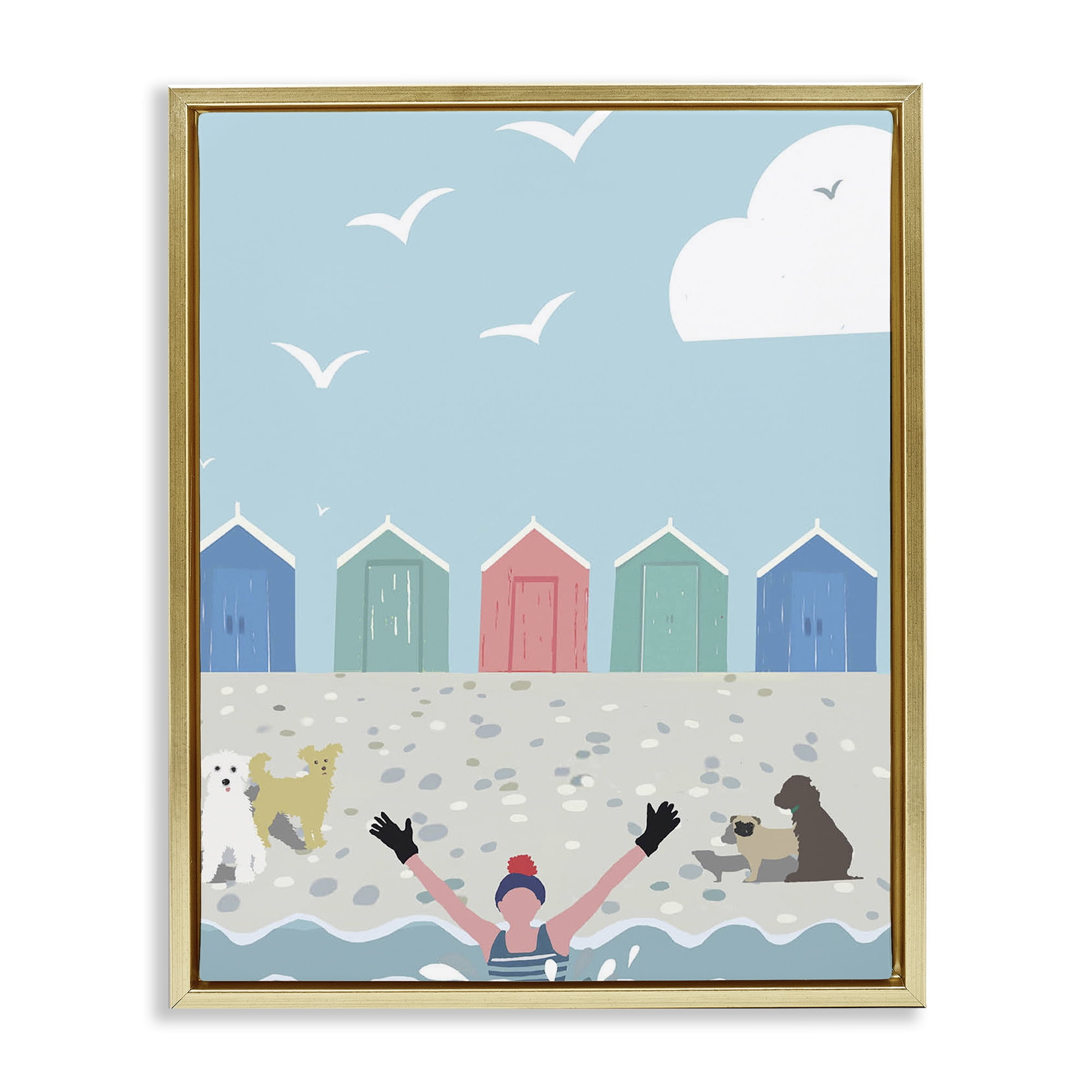 Stupell Industries Dog Friends on Beach Nautical & Beach Painting Gold Floater Framed Canvas Art Print Wall Art, 17 x 21