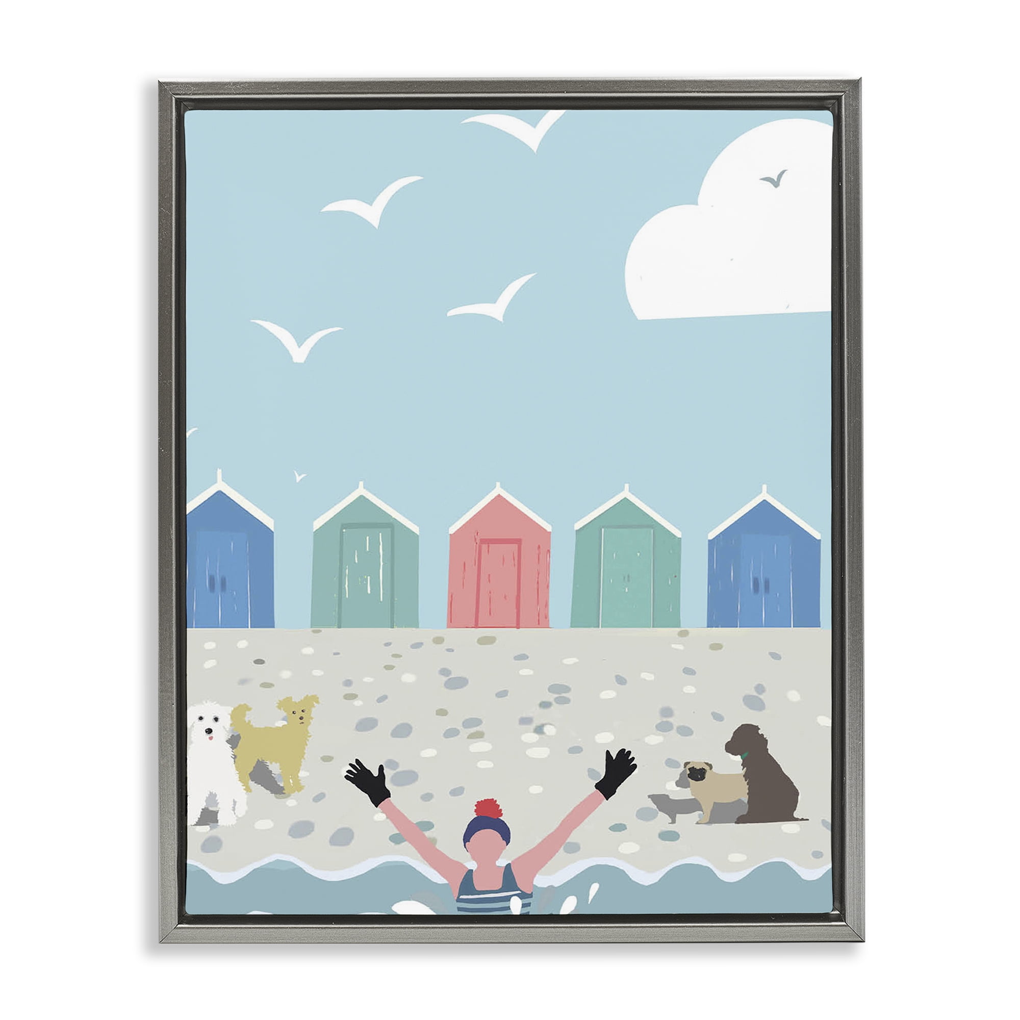 Stupell Industries Dog Friends on Beach Nautical & Beach Painting Gray Floater Framed Canvas Art Print Wall Art, 17 x 21