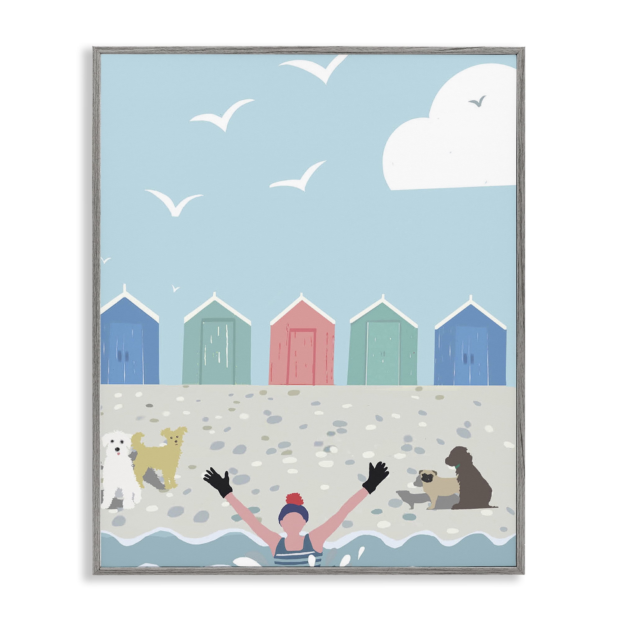 Stupell Industries Dog Friends on Beach Nautical & Beach Painting Gray Framed Art Print Wall Art, 11 x 14