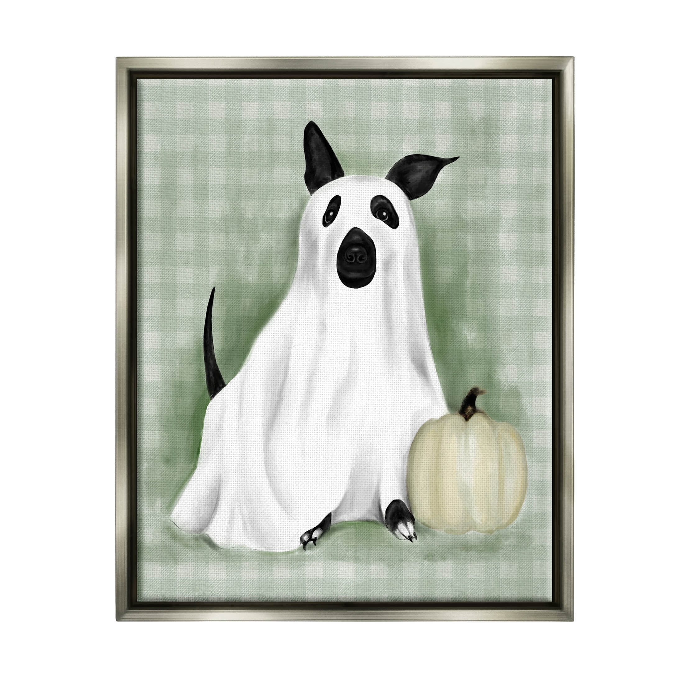 Stupell Industries Dog Ghost Halloween Costume Graphic Art Luster Gray Floating Framed Canvas Print Wall Art, Design by Lil' Rue