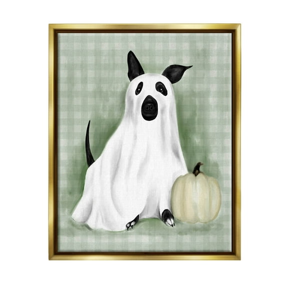 Stupell Industries Dog Ghost Halloween Costume Graphic Art Metallic Gold Floating Framed Canvas Print Wall Art, Design by Lil' Rue