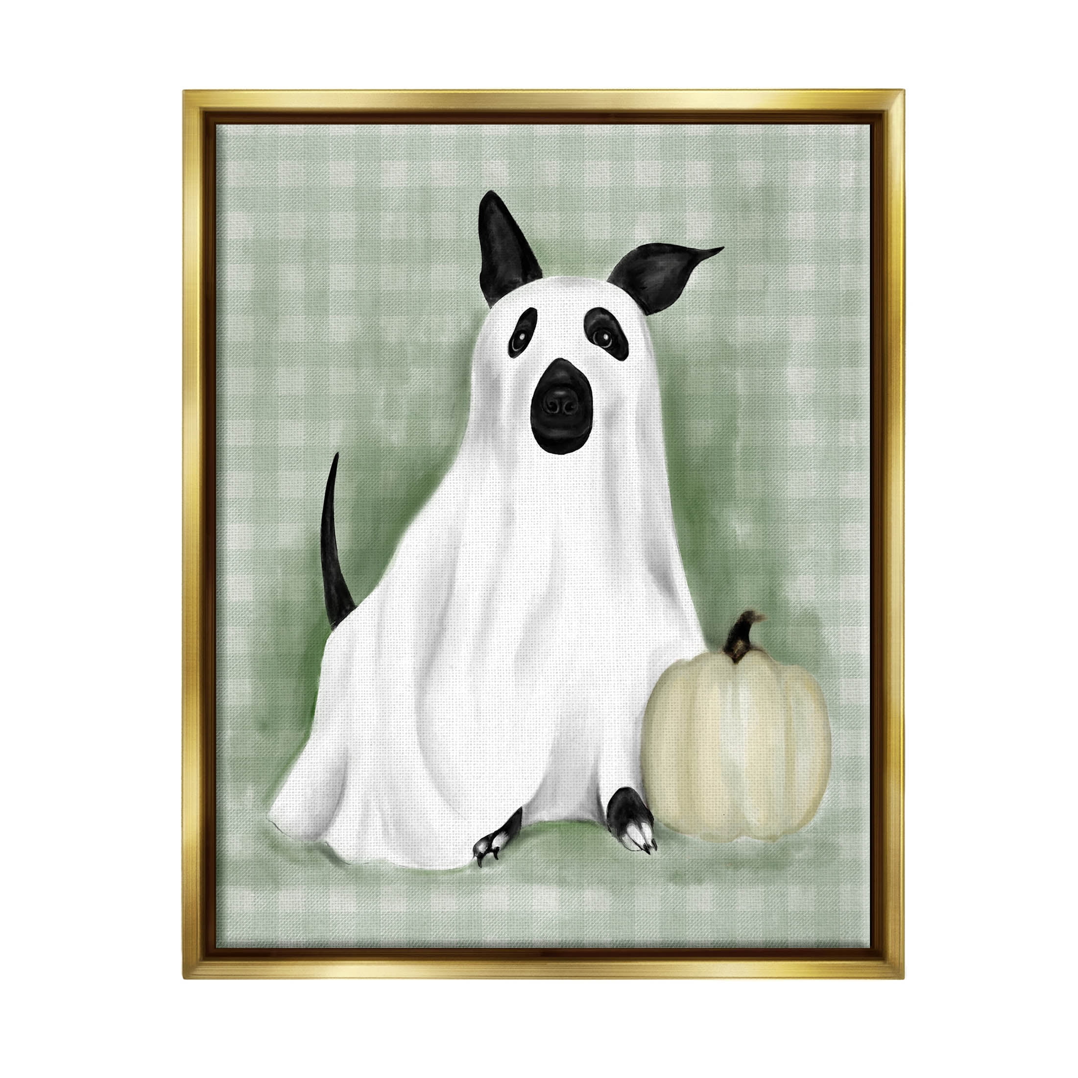 Stupell Industries Dog Ghost Halloween Costume Graphic Art Metallic Gold Floating Framed Canvas Print Wall Art, Design by Lil' Rue