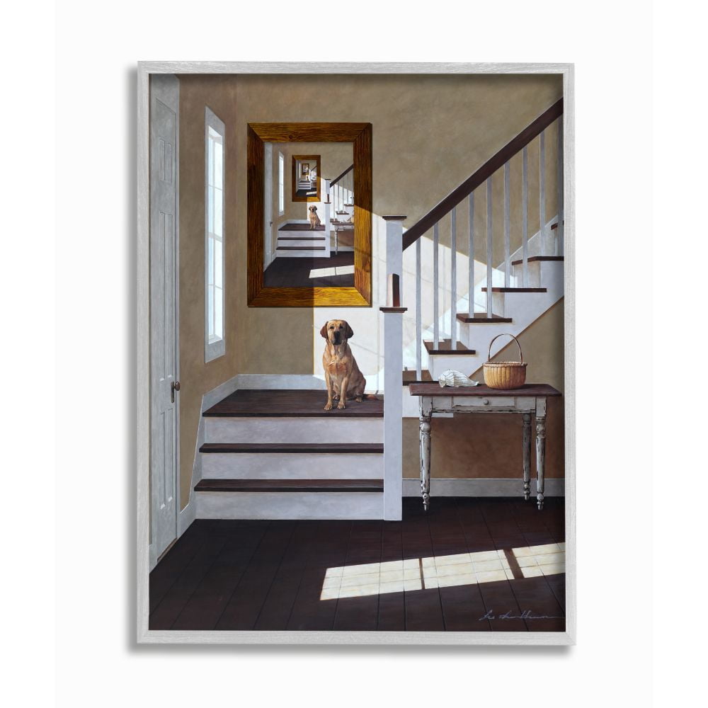 Stupell Industries Dog Infront of Pet Portrait Charming Country Interior Paintings Gray Framed Art Print Wall Art, 11x14, by Zhen-Huan Lu