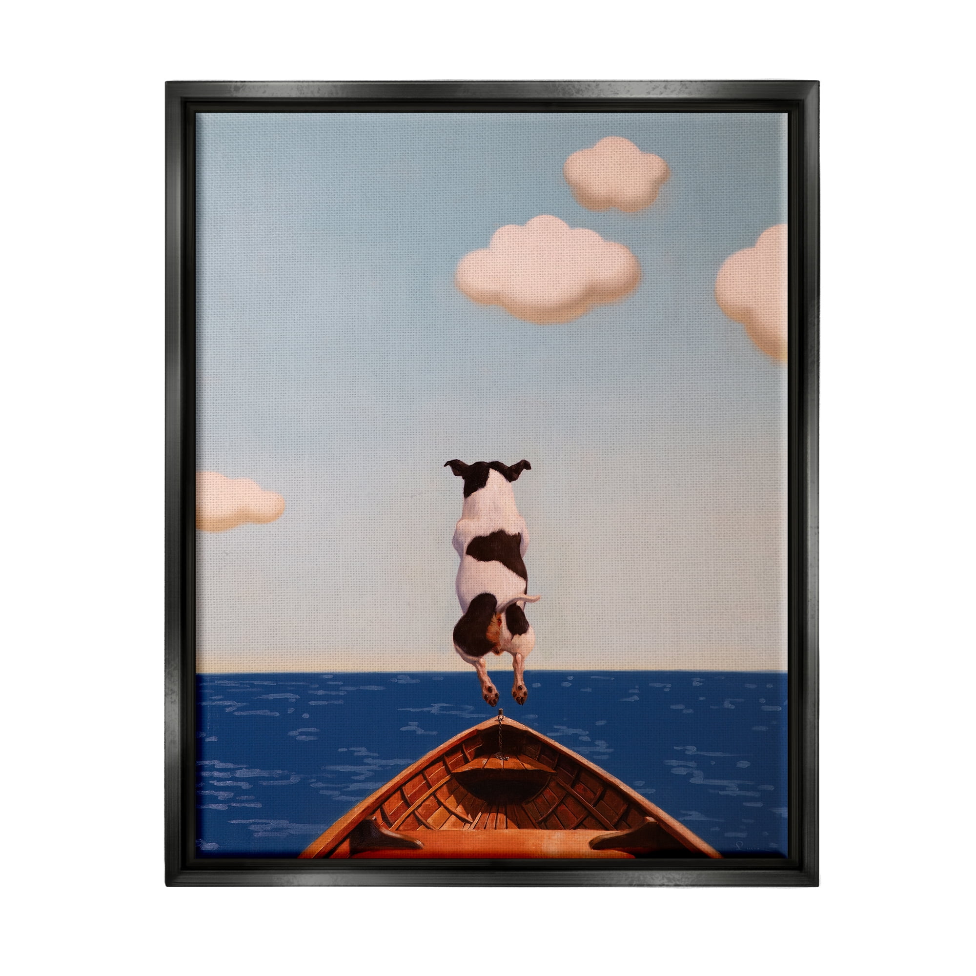 Stupell Industries Dog Jumping In Lake Animals & Insects Painting Black Floater Framed Canvas Art Print Wall Art, 25 x 31