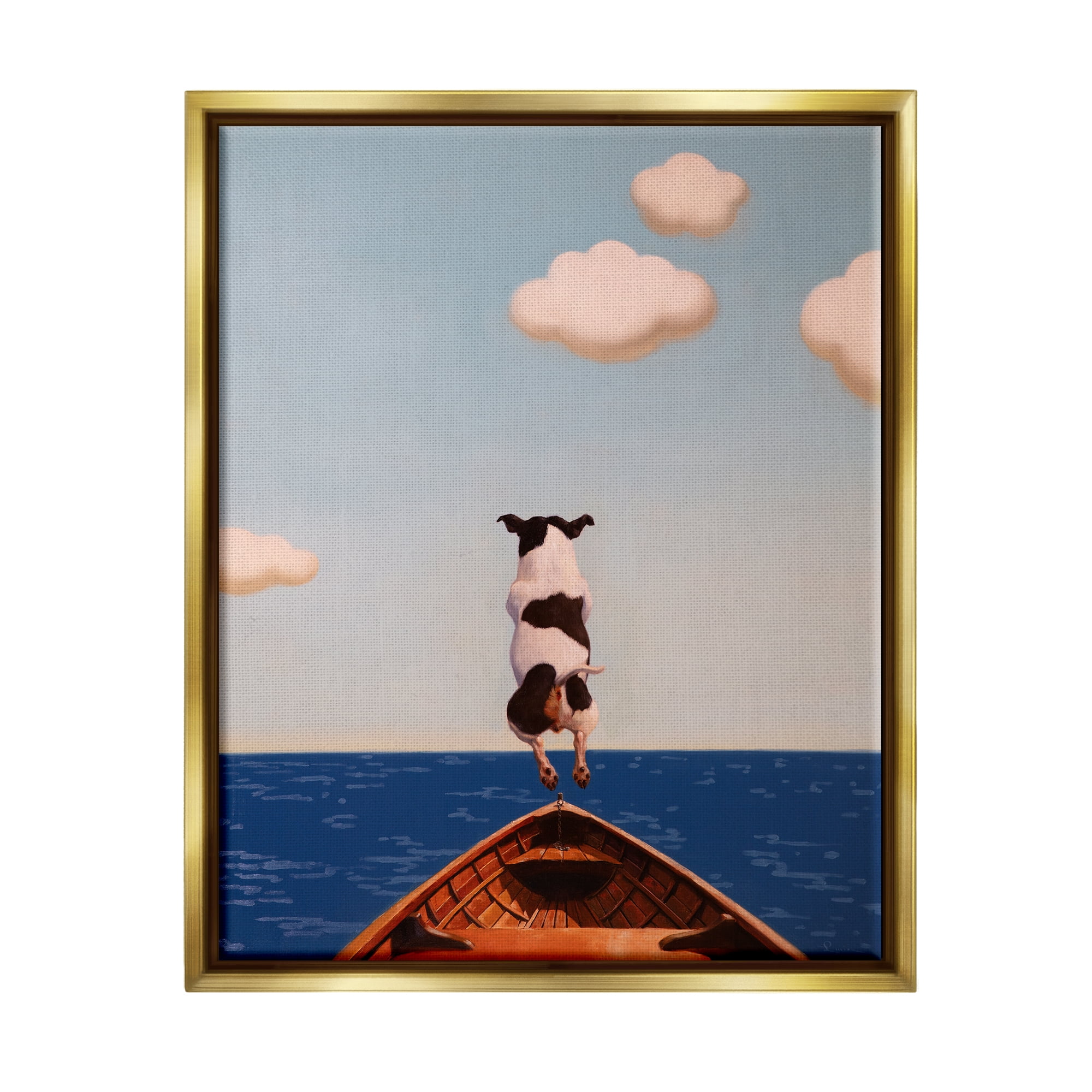 Stupell Industries Dog Jumping In Lake Animals & Insects Painting Gold Floater Framed Canvas Art Print Wall Art, 25 x 31