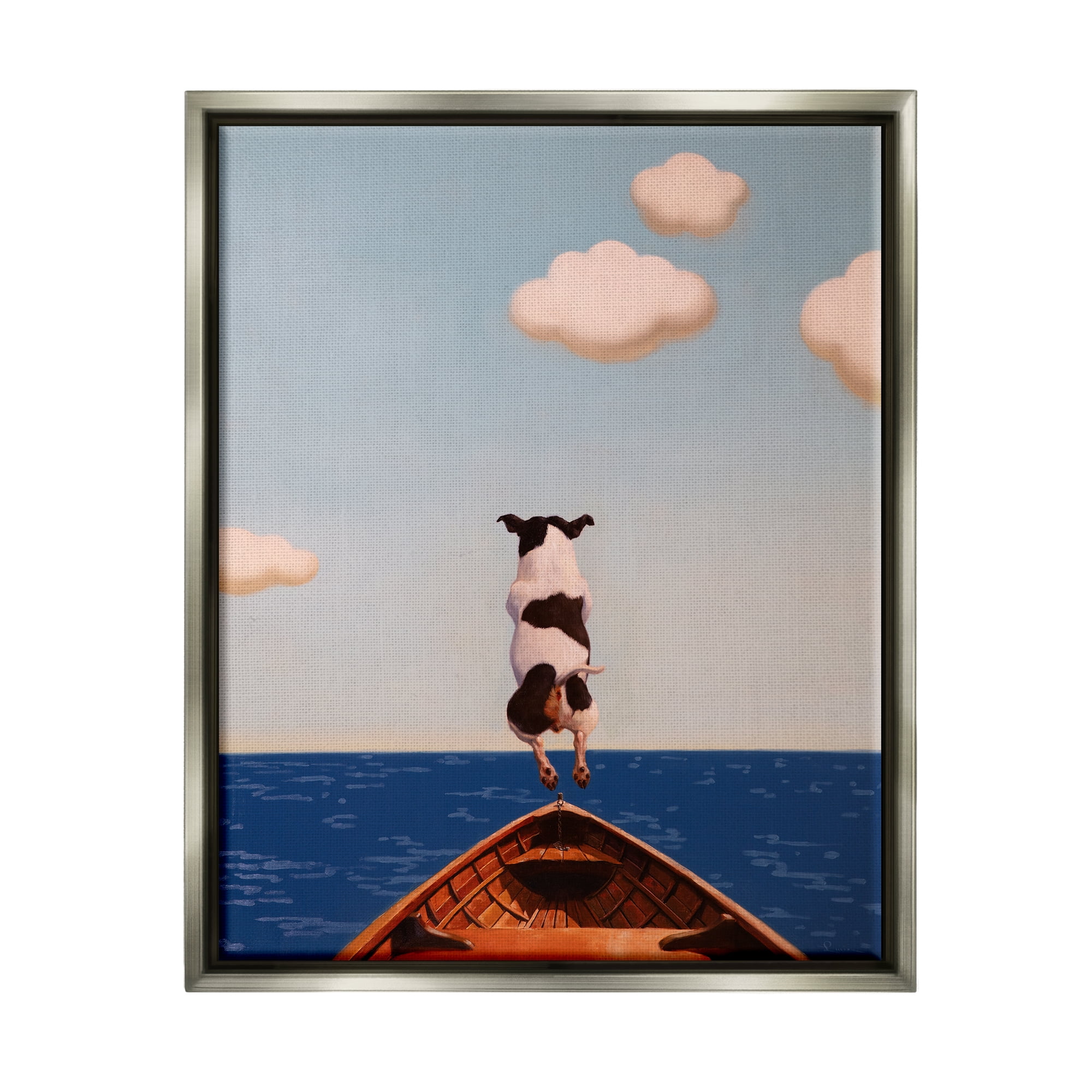 Stupell Industries Dog Jumping In Lake Animals & Insects Painting Gray Floater Framed Canvas Art Print Wall Art, 17 x 21