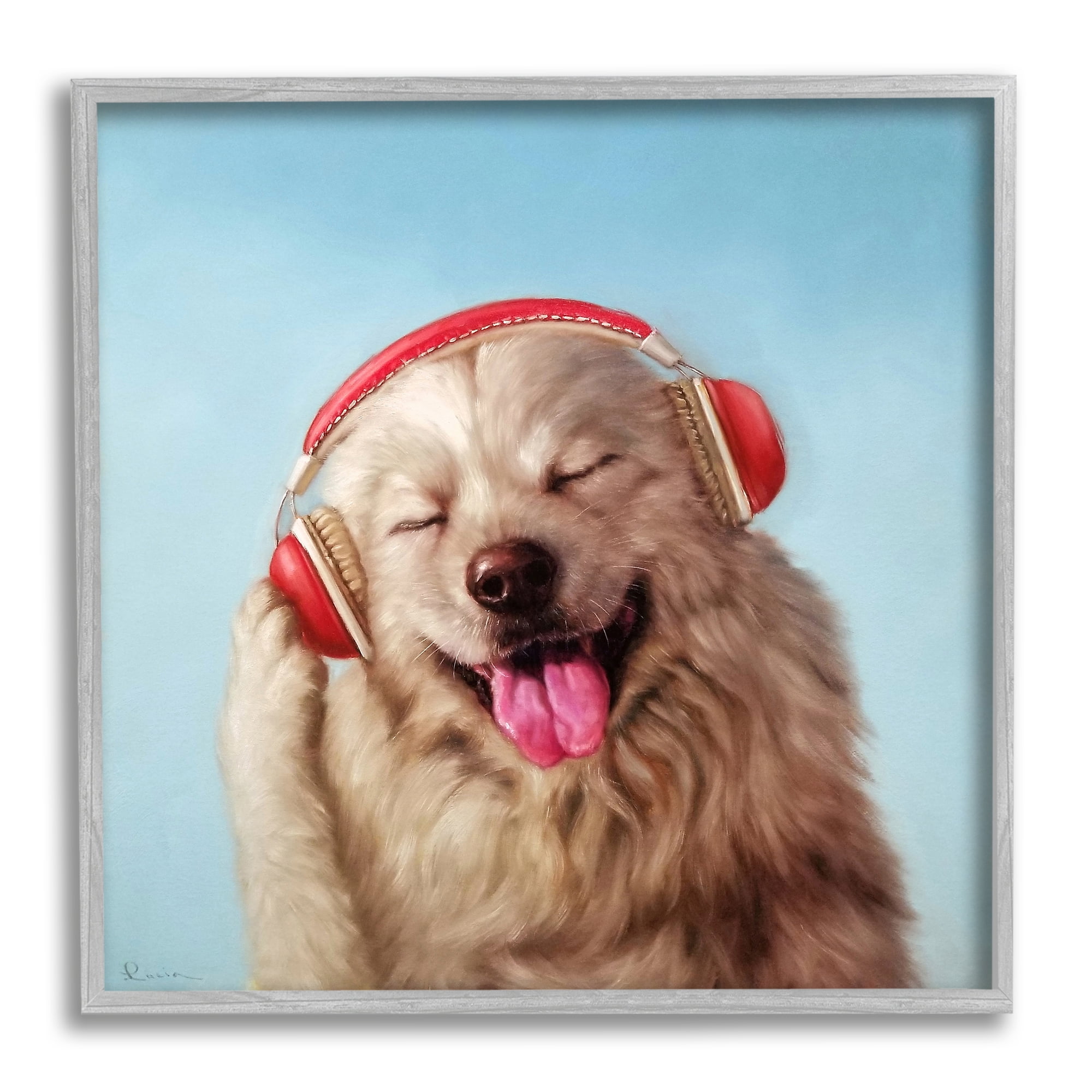 Stupell Industries Dog Listing to Music Red Headphones Funny Pet, 12 x 12, Design by Lucia Heffernan