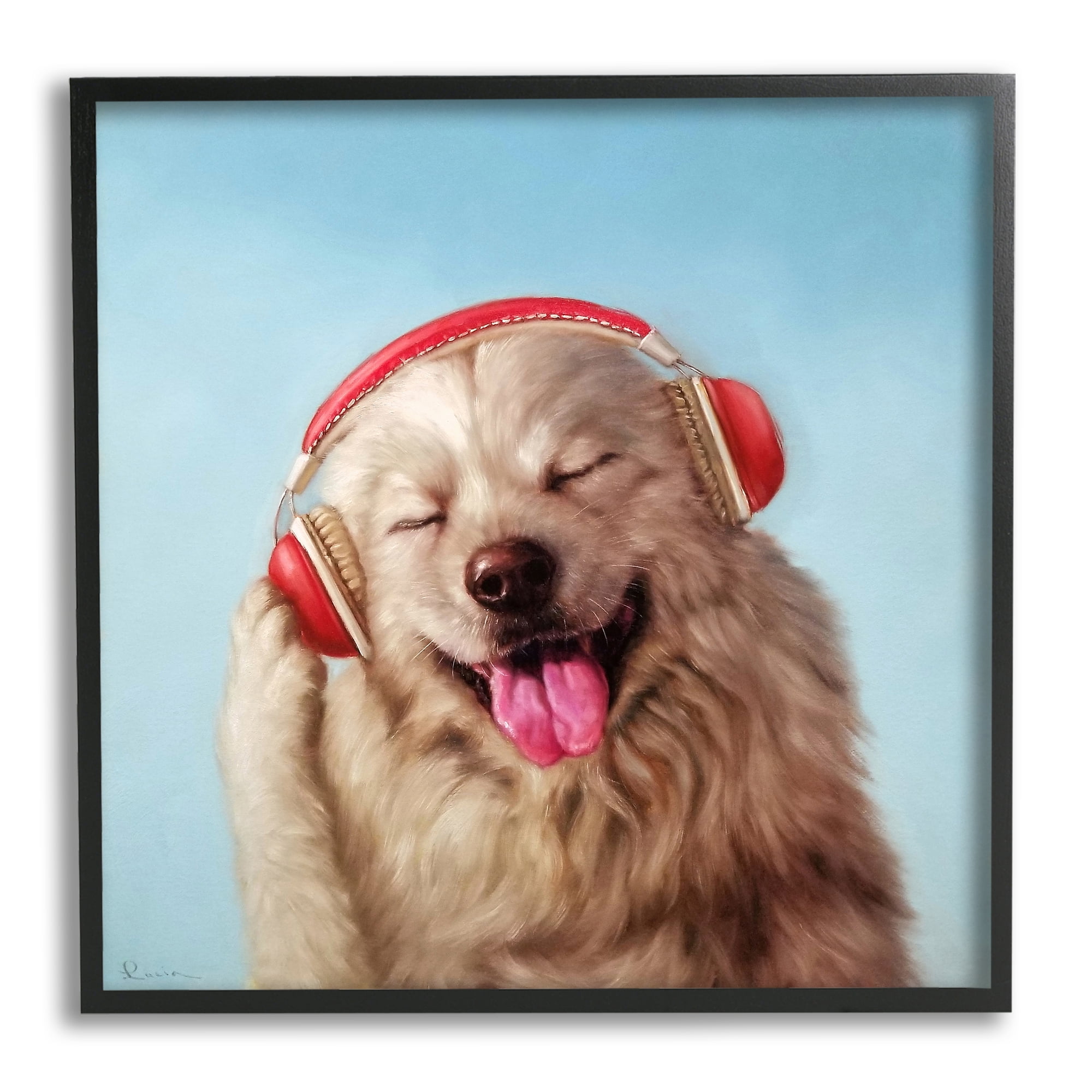 Stupell Industries Dog Listing to Music Red Headphones Funny Pet, 12 x 12, Design by Lucia Heffernan