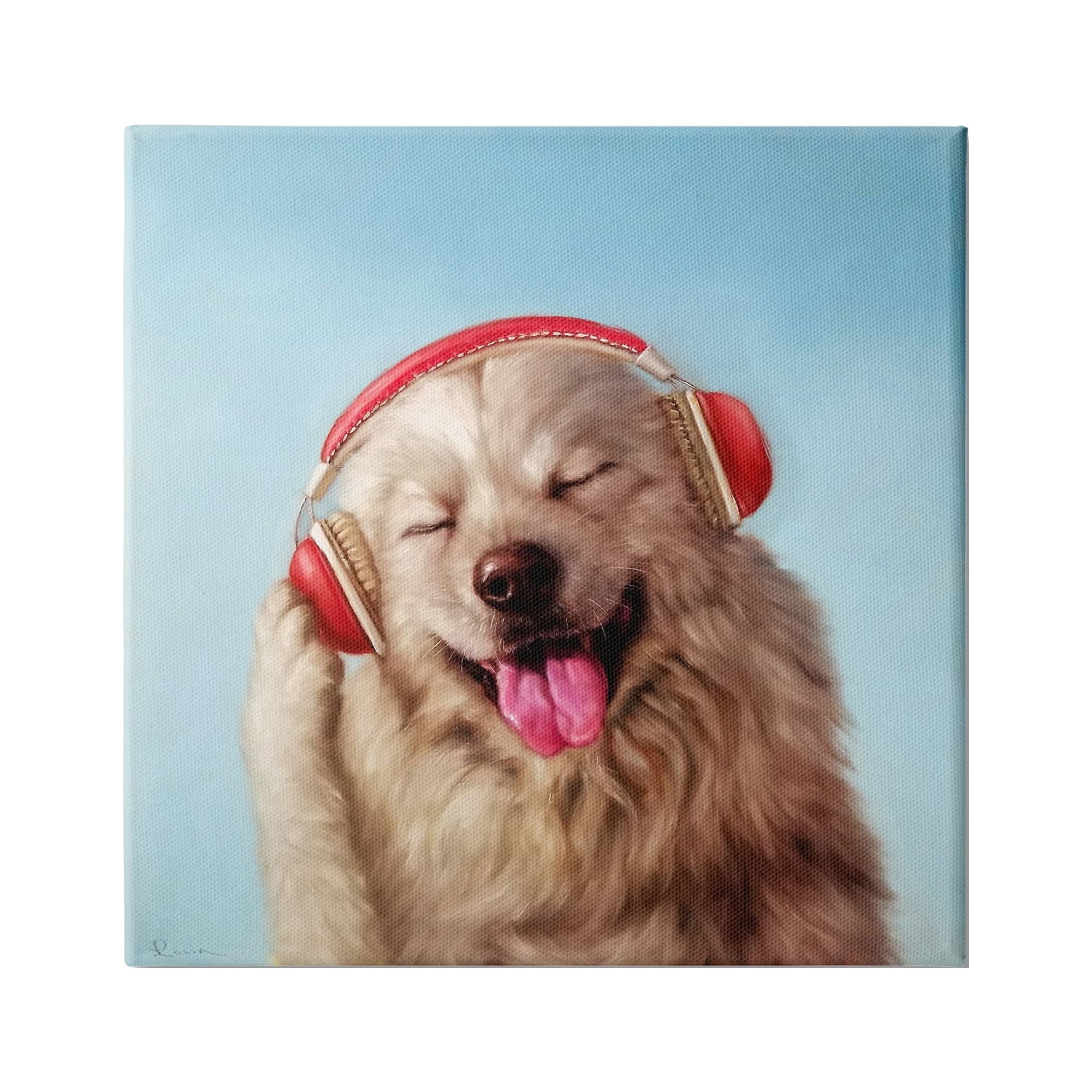Stupell Industries Dog Listing to Music Red Headphones Funny Pet, 17 x 17, Design by Lucia Heffernan