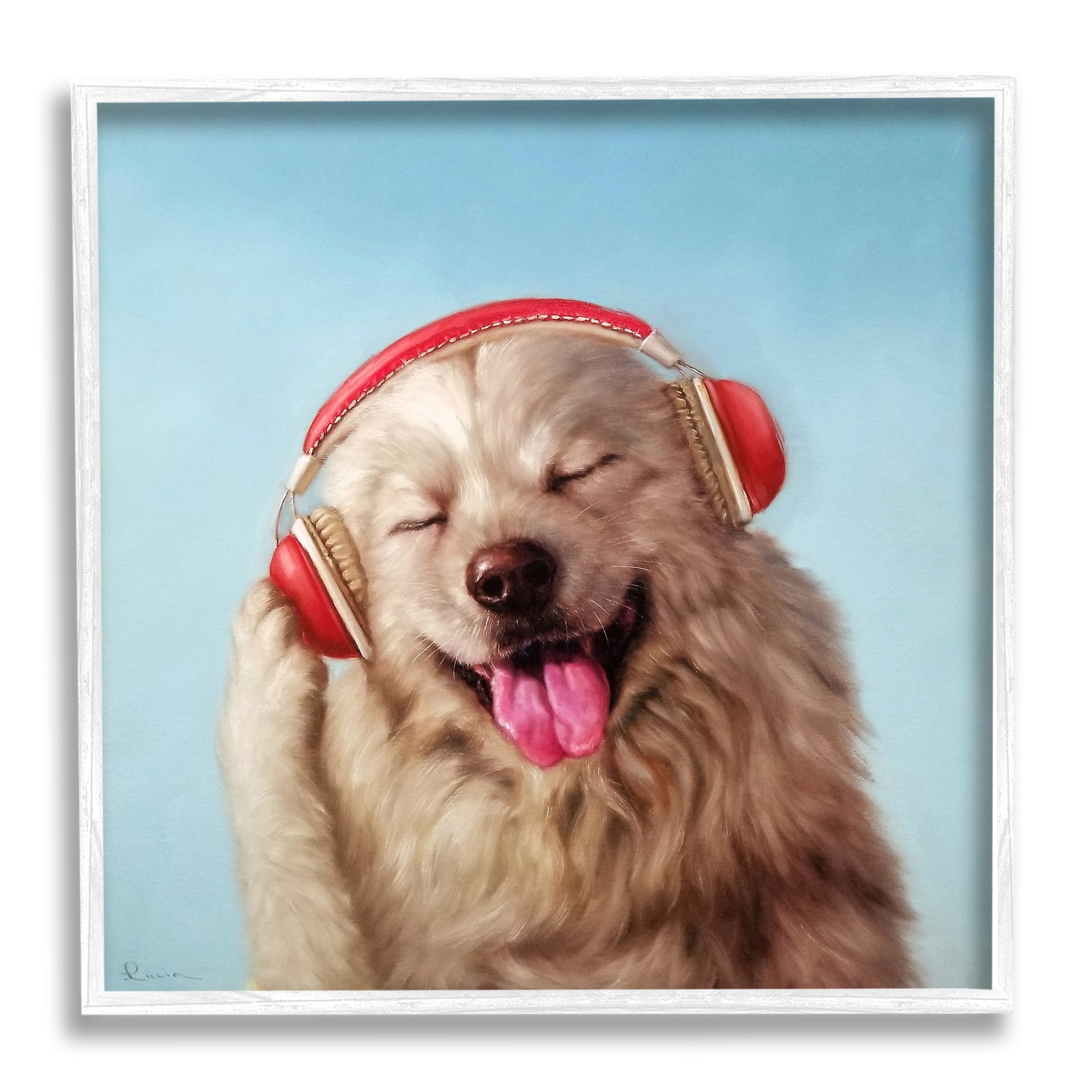 Stupell Industries Dog Listing to Music Red Headphones Funny Pet, 24 x 24, Design by Lucia Heffernan
