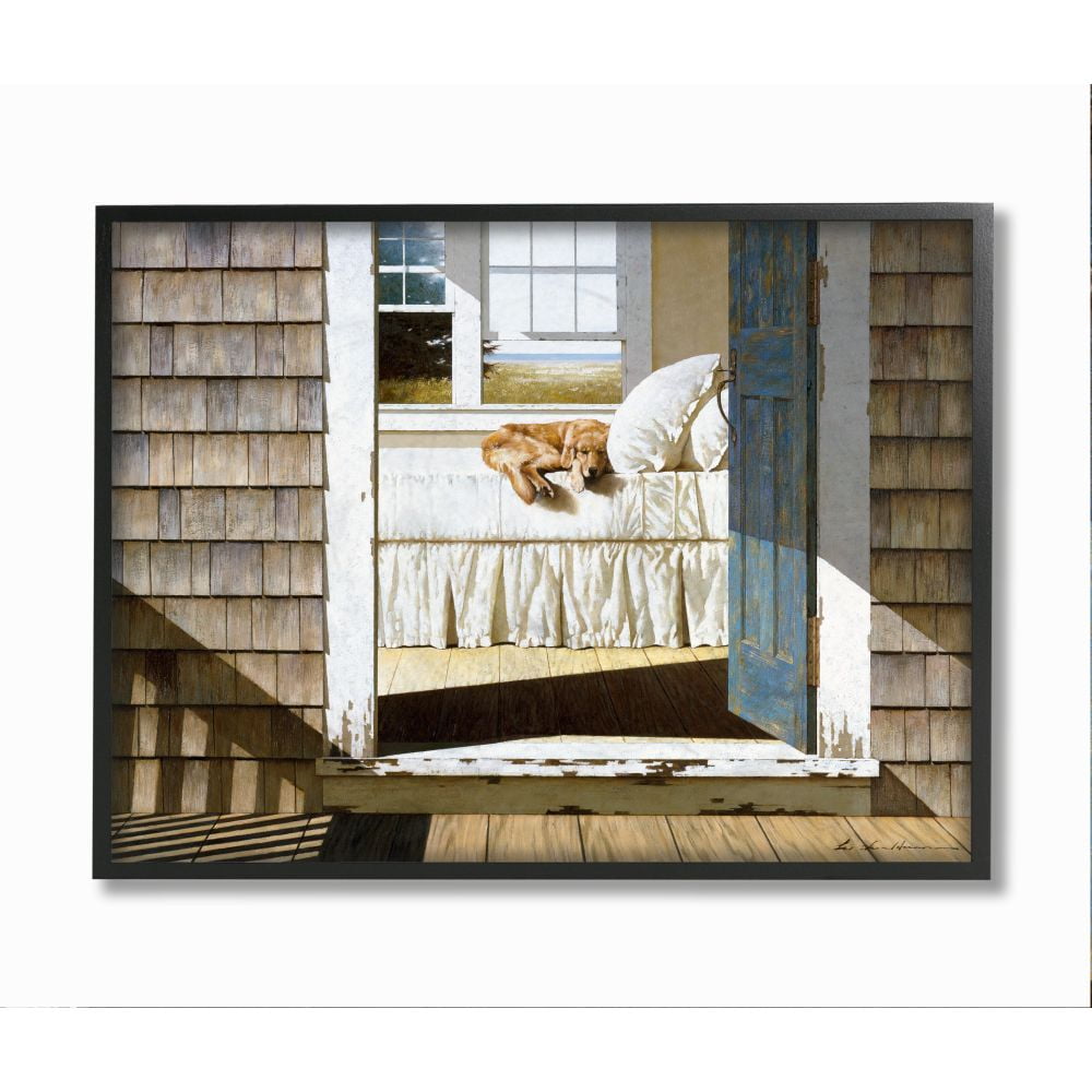 Stupell Industries Dog Nap at Cape House Realistic Coastal Painting Framed Wall Art Design by Zhen-Huan Lu, 16" x 20", Black Framed