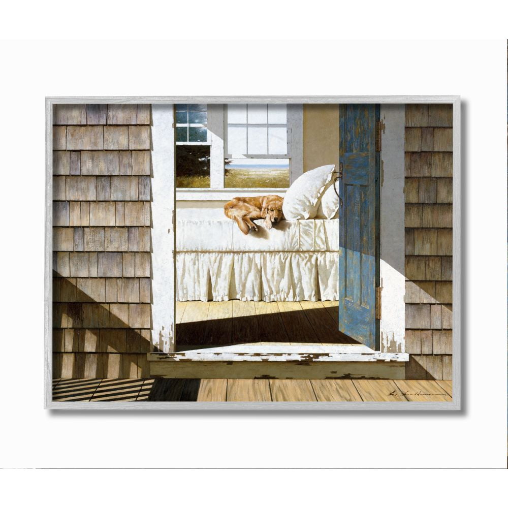 Stupell Industries Dog Nap at Cape House Realistic Coastal Painting Framed Wall Art Design by Zhen-Huan Lu, 16" x 20", Gray Framed