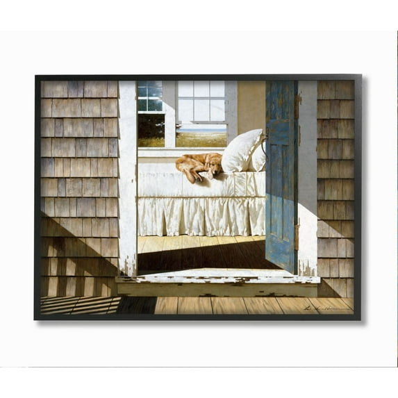 Stupell Industries Dog Nap at Cape House Realistic Coastal Painting Framed Wall Art Design by Zhen-Huan Lu, 24" x 30", Black Framed