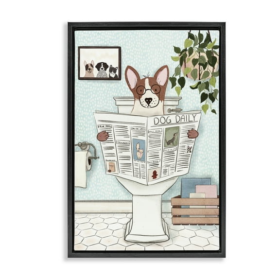 Stupell Industries Dog & Newspaper Bathroom Bath & Laundry Painting Black Floater Framed Canvas Art Print Wall Art, 17 x 25