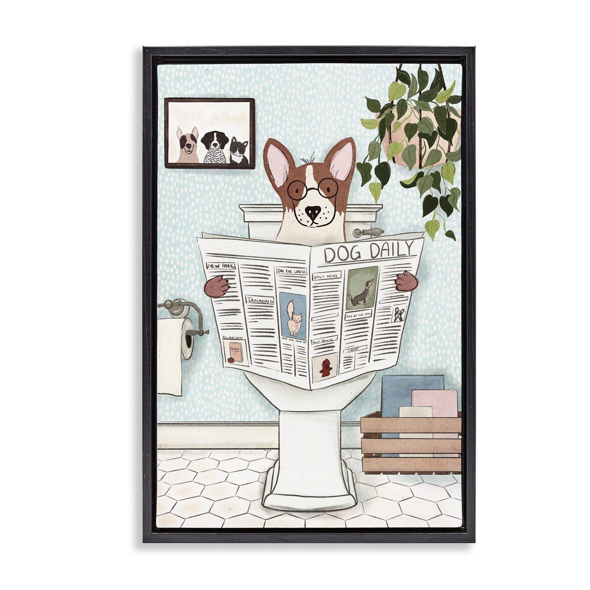 Stupell Industries Dog & Newspaper Bathroom Bath & Laundry Painting Black Floater Framed Canvas Art Print Wall Art, 21 x 31