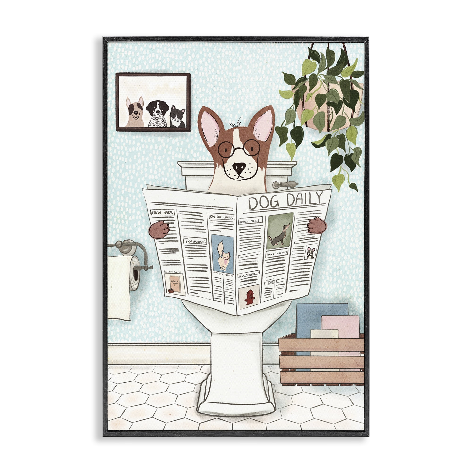 Stupell Industries Dog & Newspaper Bathroom Bath & Laundry Painting Black Framed Art Print Wall Art, 16 x 24